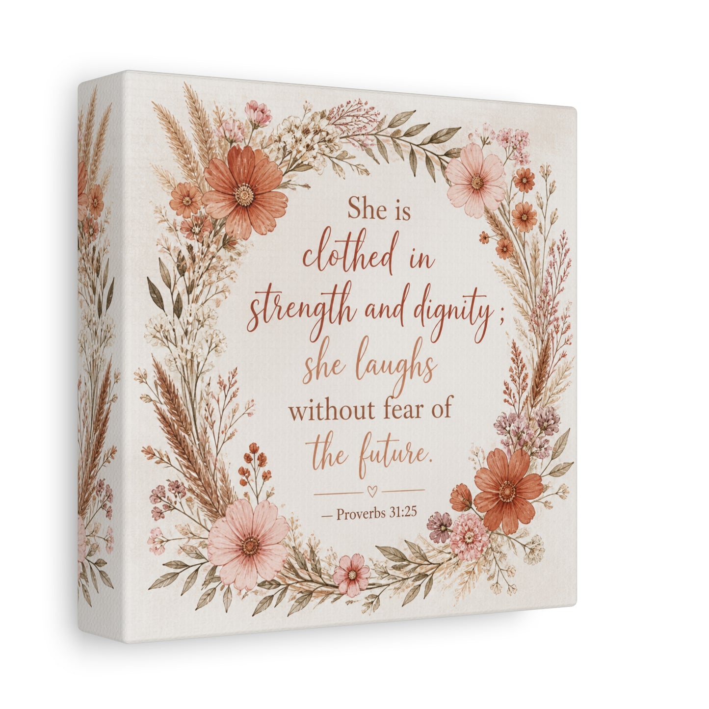 "She Is Clothed In Strength And Dignity" Floral Canvas Wall Art - Proverbs 31:25 Scripture Quote, Blush Wildflower Wreath, Farmhouse Style, Bedroom Wall Decor - Bedroom Home Decoration - Ready to Hang