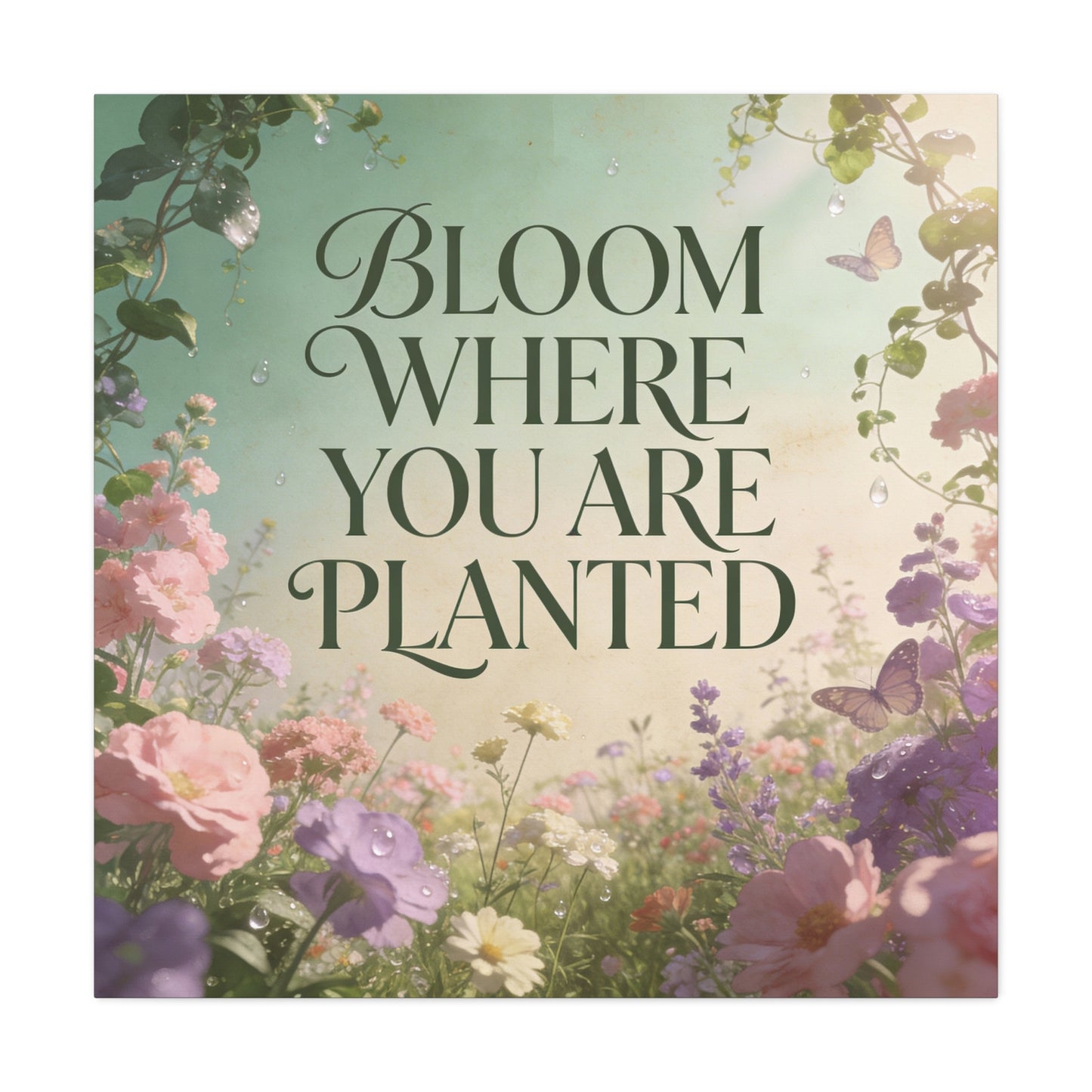 "Bloom Where You Are Planted" Inspirational Canvas Wall Art - Floral Butterfly Quote Print, Pastel Garden Typography Decor, Modern Farmhouse Style, Bedroom Home Decoration - Living Room Wall Decor