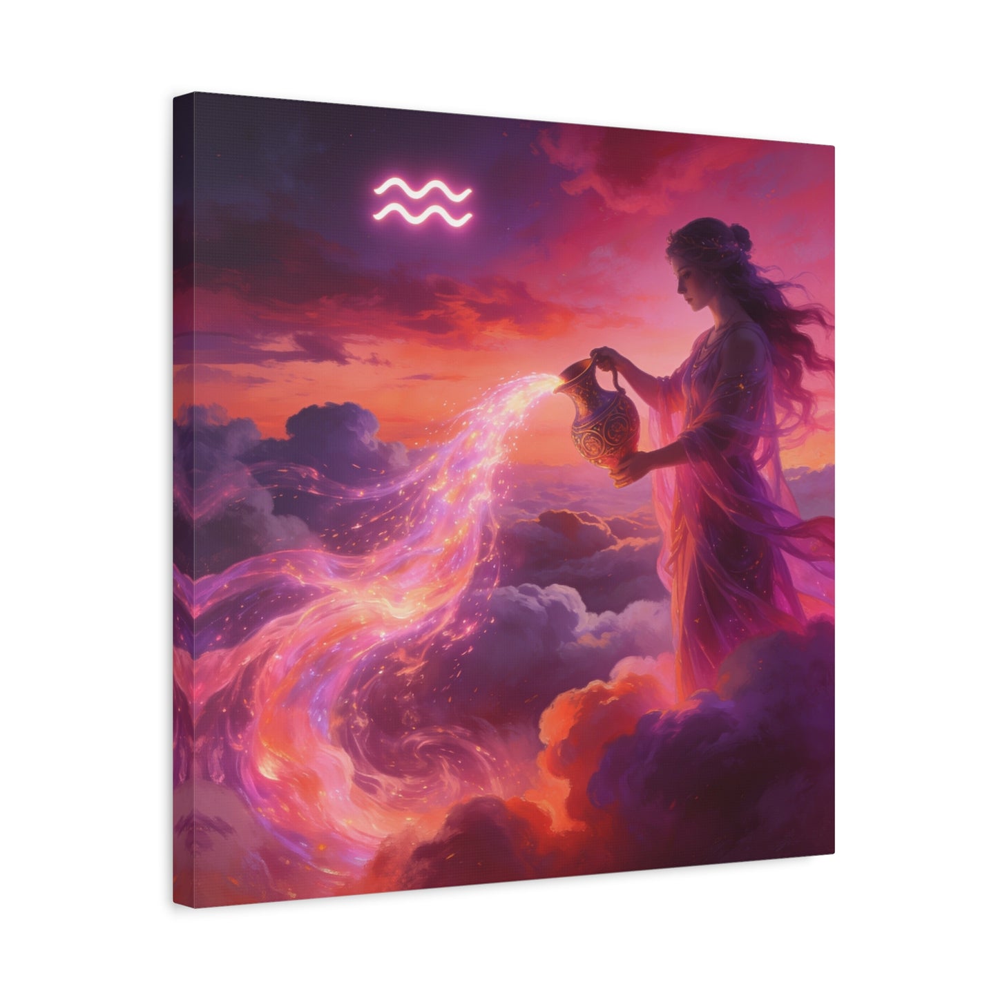 Aquarius Goddess Canvas Wall Art - Zodiac Woman Pouring Celestial Water, Fantasy Sky Illustration - Pink Purple Matte Canvas Print - Bedroom Wall Decor, Bohemian Home Accent - Bedroom Home Decoration