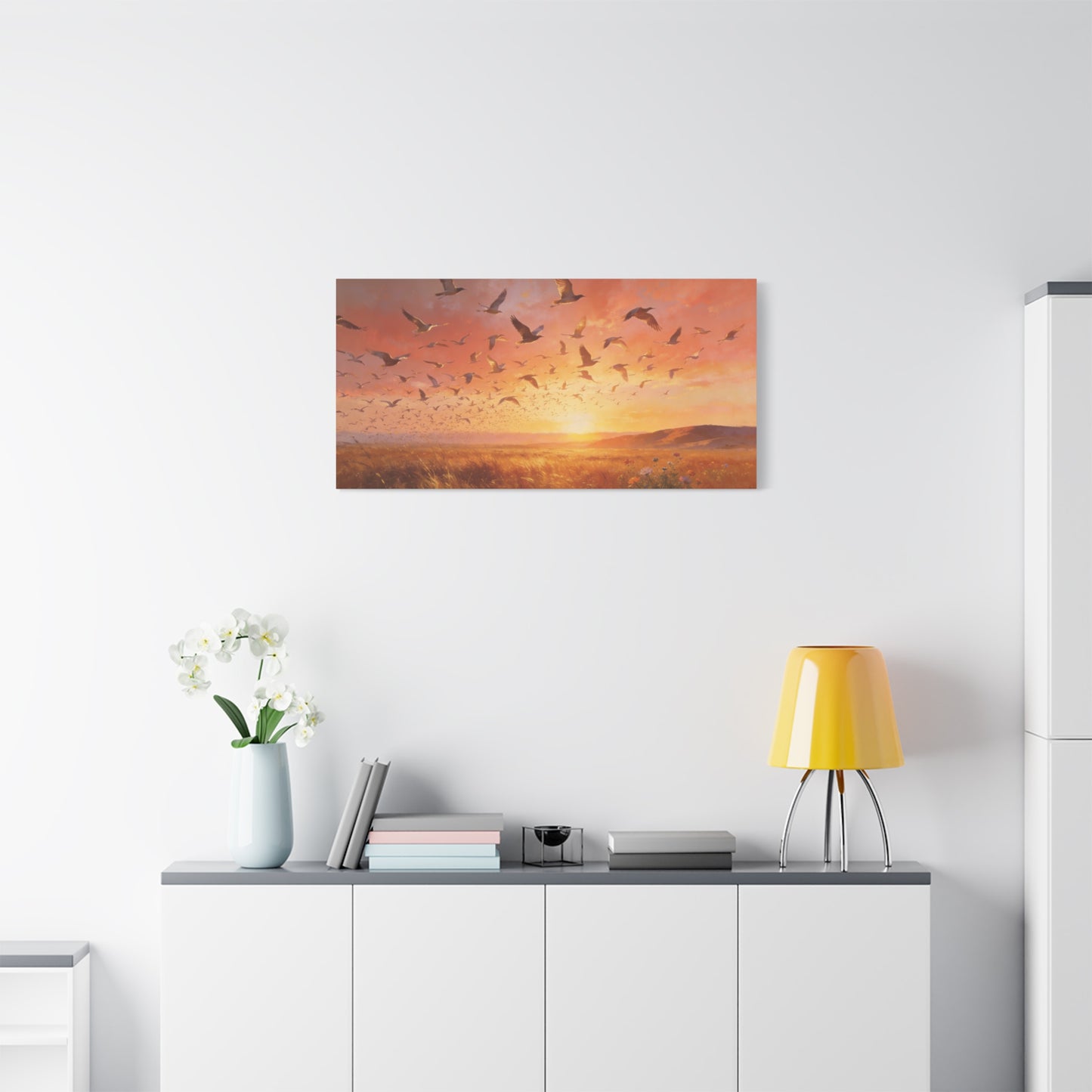 Flock Of Seabirds Canvas Wall Art - Sunset Meadow Landscape Print, Warm Golden Sky, Painterly Nature Scene - Contemporary Style - Living Room Wall Decor Bedroom Decoration - Bedroom Home Decoration