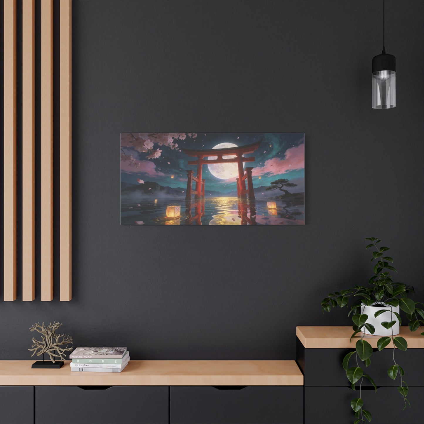 Japanese Torii Gate Canvas Wall Art - Moonlit Lake, Cherry Blossom Petals - Contemporary Fantasy Landscape - Living Room Wall Decor, Bedroom Home Decoration, Meditation Space - Bedroom Home Decoration
