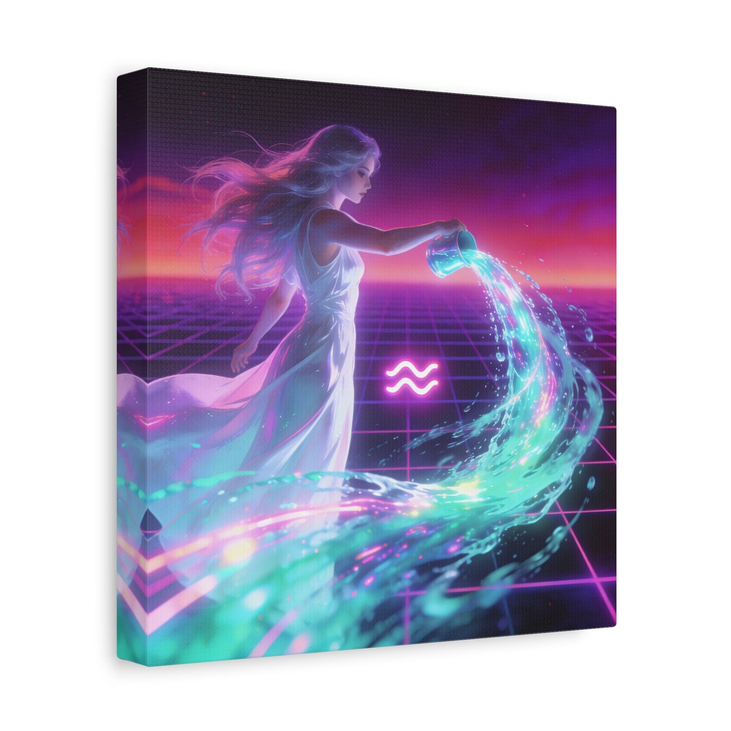 Aquarius Woman Canvas Wall Art - Neon Water Bearer Zodiac Illustration, Retro Synthwave Aesthetic - Matte Canvas Print - Bedroom Wall Decor, Home Office Accent, Mystical Decor - Modern Farmhouse Style