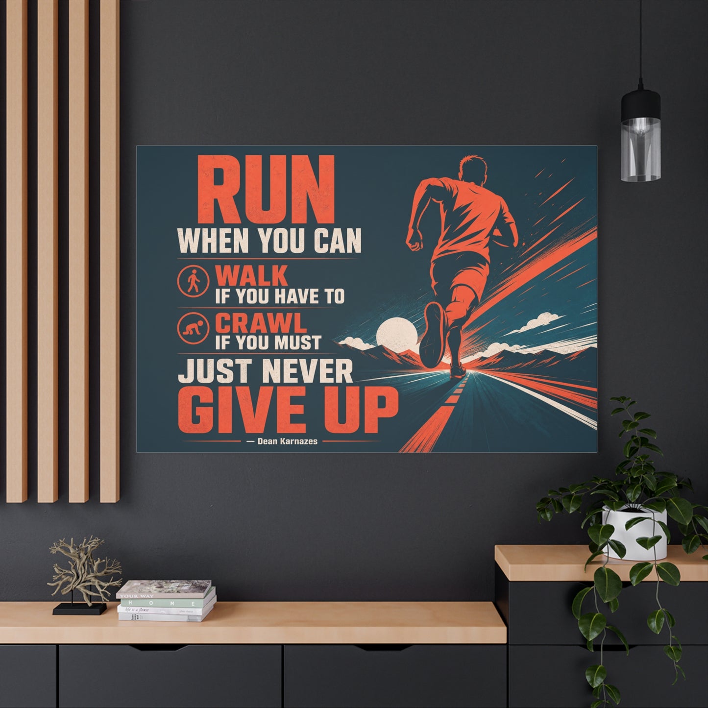 "Run When Able Walk If Needed Crawl If Required Just Never Give Up" Motivational Canvas Wall Art - Runner Road Quote Print, Retro Typography, Gym Wall Hanging - Ready to Hang - Fitness Studio Art