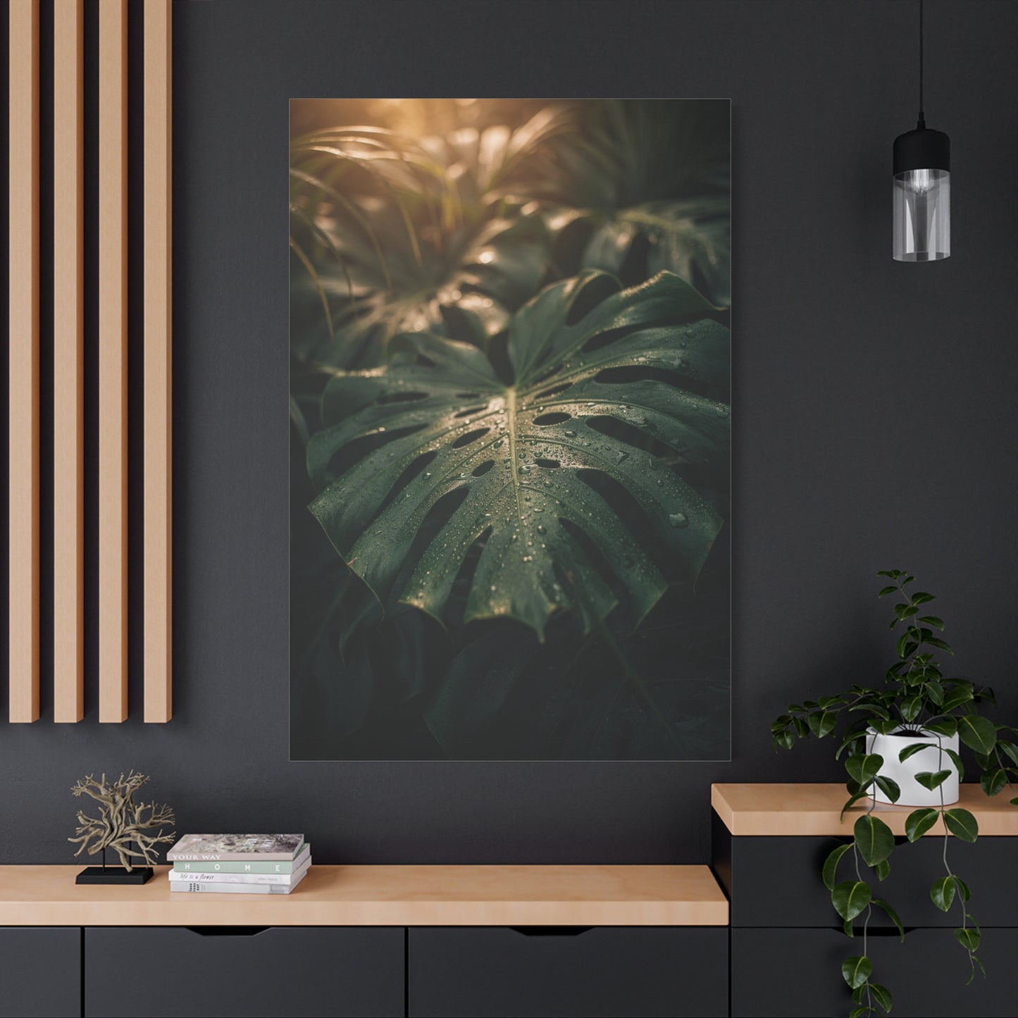 Monstera Leaf Canvas Wall Art - Tropical Botanical Art Print, Moody Green Foliage - Matte Cotton Canvas Print - Bedroom Wall Decor, Bathroom Home Decoration, Spa Style Accent - Cozy Reading Nook Art