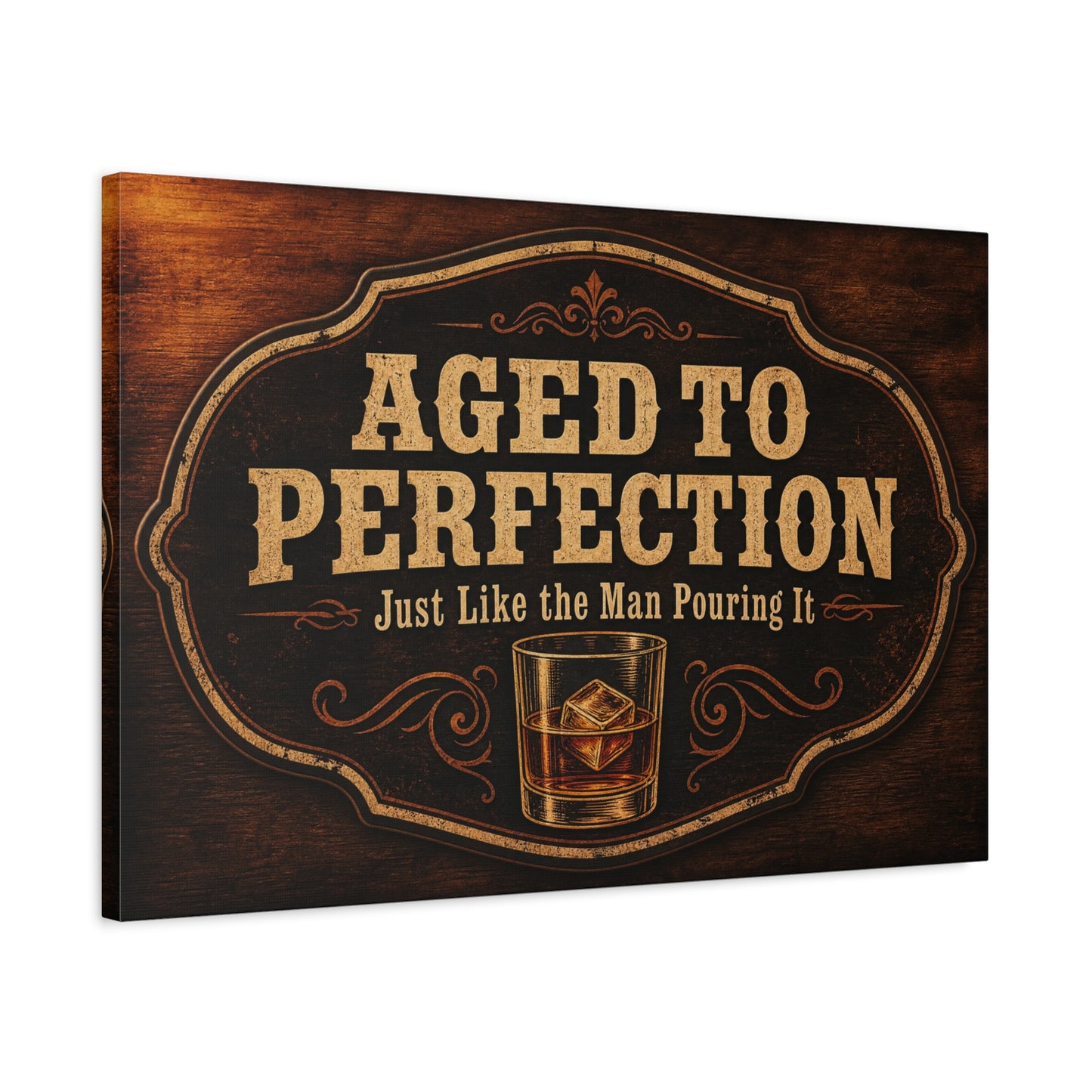 "Aged To Perfection Just Like The Man Pouring It" Whiskey Canvas Wall Art - Vintage Bar Quote Decor, Old Fashioned Glass Illustration - Office Wall Art - Ready to Hang - Cocktail Lounge Decor