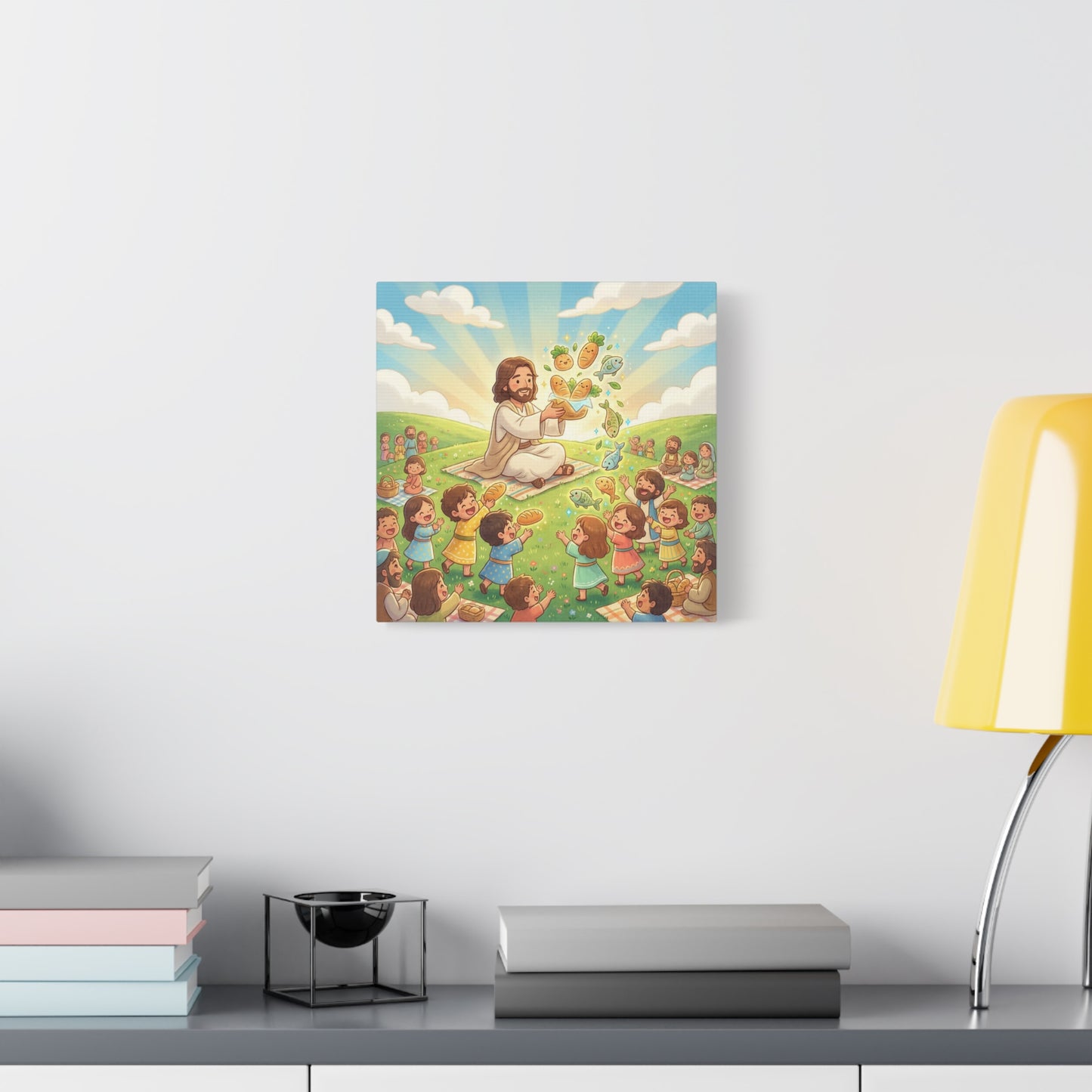 Jesus Feeding Multitude Canvas Wall Art - Loaves And Fish Bible Scene, Christian Nursery Decor - Matte Cotton Print, Kids Room Wall Decor, Sunday School Classroom - Bedroom Home Decoration