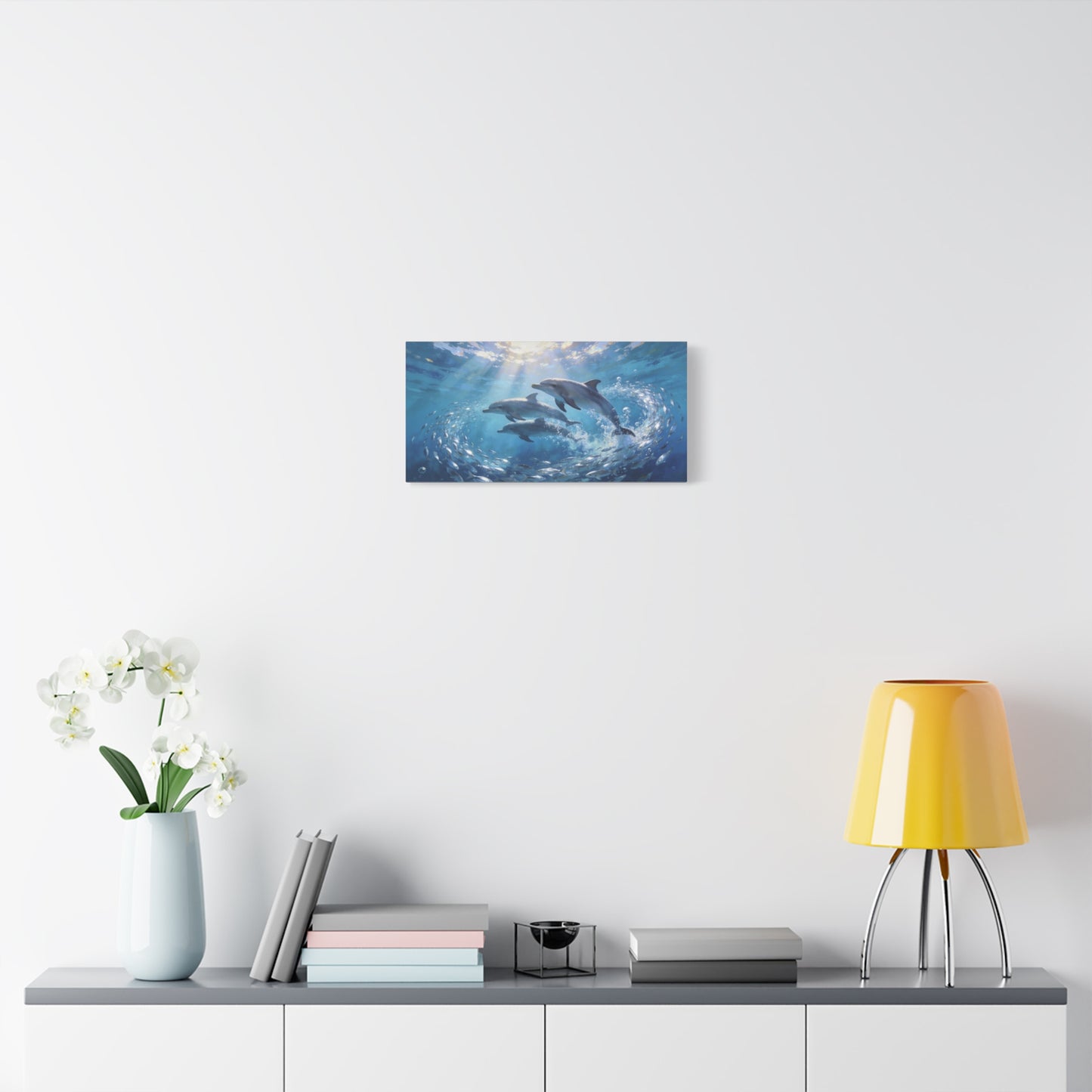 Dolphin Ocean Canvas Wall Art - Blue Underwater Marine Life Scene, Sunbeam Seascape Print - Coastal Style, Serene Living Room Wall Decor, Bedroom Home Decoration Accent - Bedroom Home Decoration