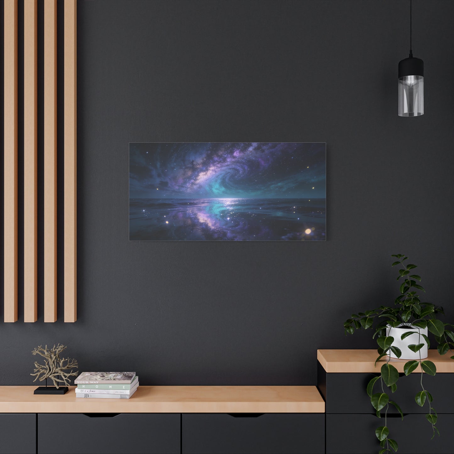 Galaxy Ocean Canvas Wall Art - Swirling Milky Way Night Seascape, Celestial Horizon Reflection - Matte Cotton Art Print - Contemporary Space Decor For Living Room Bedroom Office - Ready to Hang
