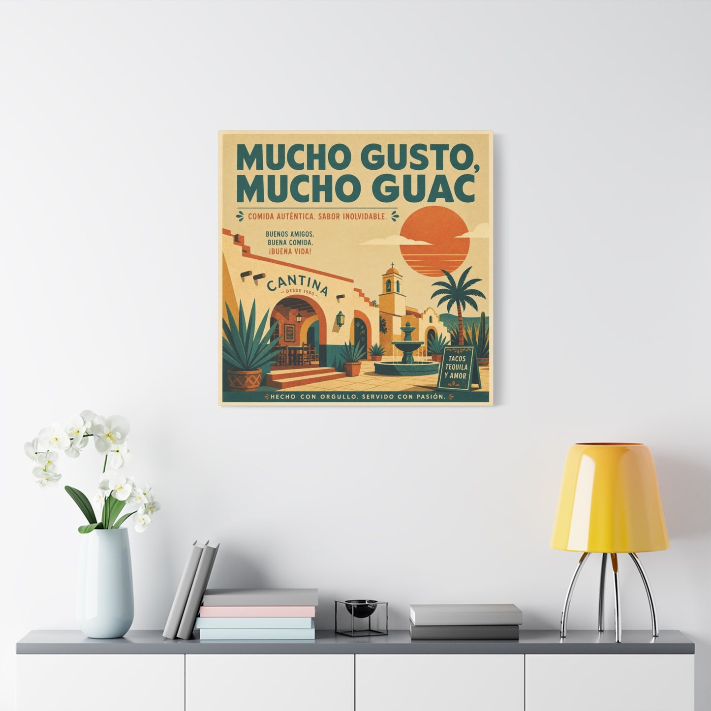 "Mucho Gusto, Mucho Guac" Cantina Canvas Wall Art - Mexican Restaurant Typography Print, Vintage Desert Courtyard Illustration, Cafe Wall Decor, Tequila Bar Sign, Workspace Accent - Ready to Hang