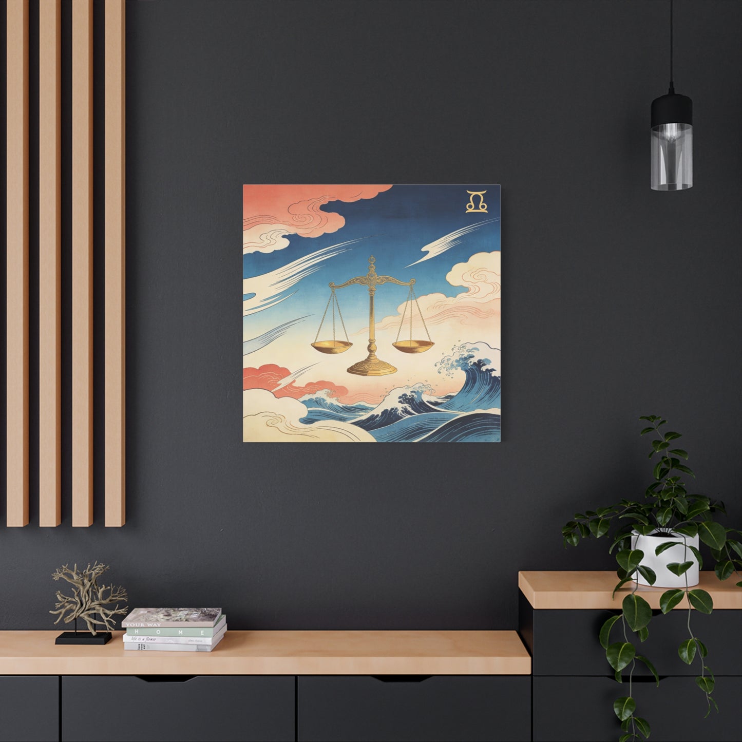 Libra Zodiac Canvas Wall Decor - Vintage Japanese Wave Scales Illustration - Celestial Astrology Print, Gold Balance Symbol, Traditional Style, Bedroom Home Decoration - Living Room Wall Decor