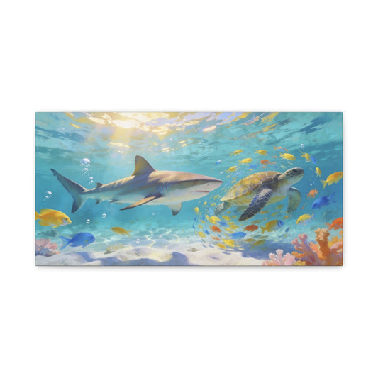 Shark Sea Turtle Canvas Wall Art - Tropical Underwater Ocean Scene, Colorful Fish Coral Reef - Matte Coastal Style - Living Room Wall Decor, Bedroom Home Decoration - Bedroom Home Decoration