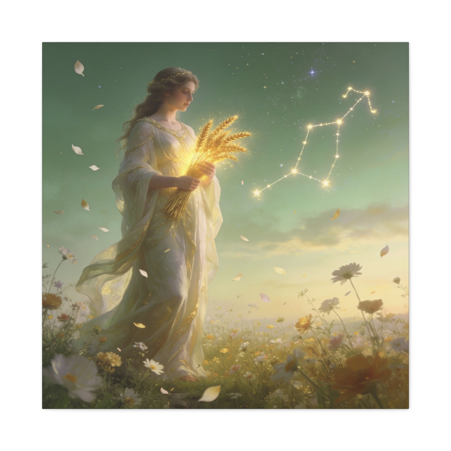 Virgo Maiden Canvas Wall Art - Celestial Wheat Goddess Illustration, Luminous Zodiac Sky, Matte Cotton Print, Bohemian Bedroom Decor, Meditation Space Accent, Ready To Hang - Living Room Wall Decor