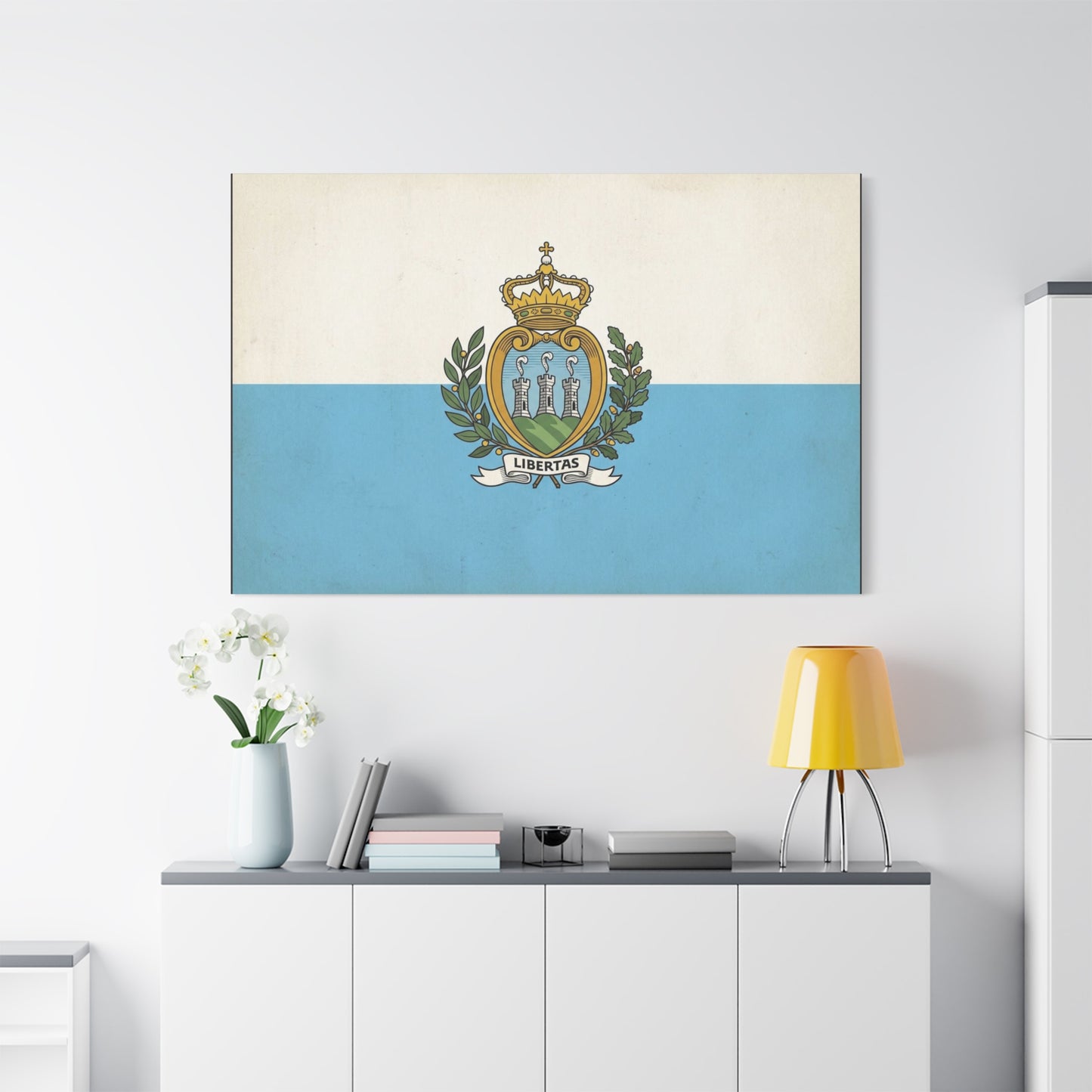 "Libertas" San Marino Flag Canvas Wall Art - Vintage Republic Crest Print, Blue White Heraldic Decor - Traditional Patriotic Style - Living Room Wall Decor - Bedroom Home Decoration - Ready to Hang
