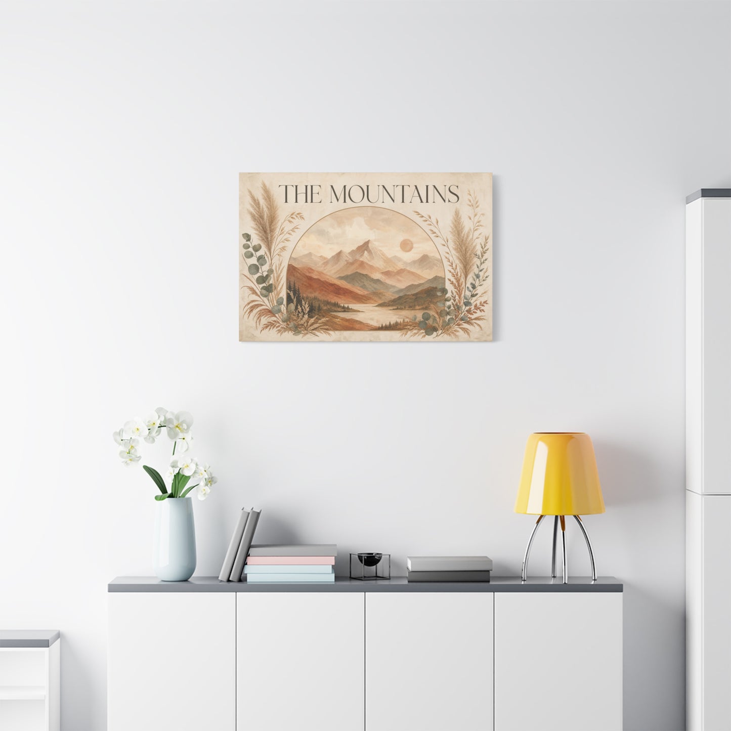 "The Mountains" Mountain Landscape Canvas Wall Art - Neutral Boho Nature Print, Desert Sun Lake Scene, Contemporary Rustic Style - Living Room Wall Decor, Bedroom Home Decoration - Ready to Hang