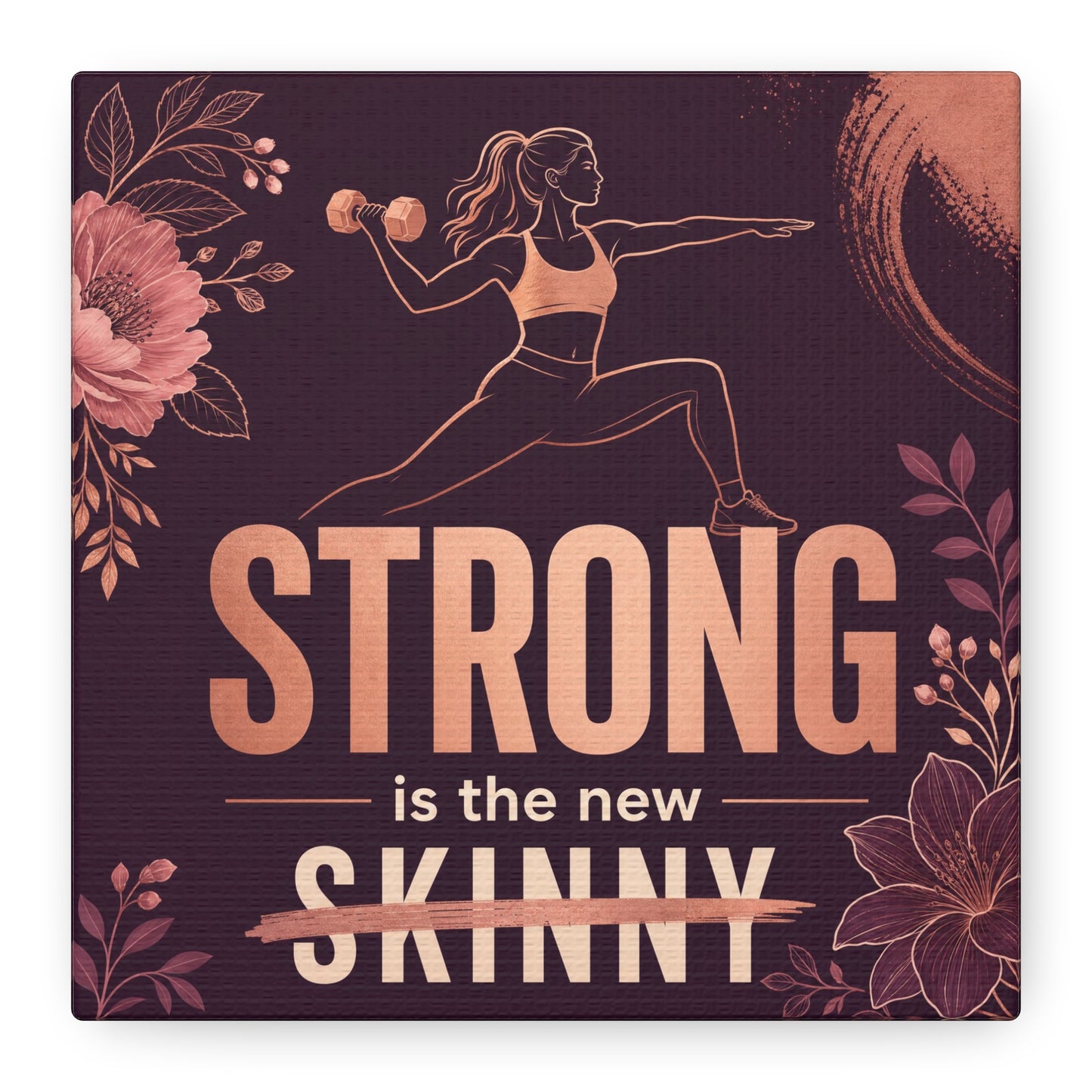 "Strong Is The New Skinny" Fitness Canvas Wall Art - Woman With Dumbbell Floral Quote Print - Rose Gold Motivational Decor - Modern Bedroom Wall Decor - Bedroom Home Decoration - Cozy Reading Nook Art