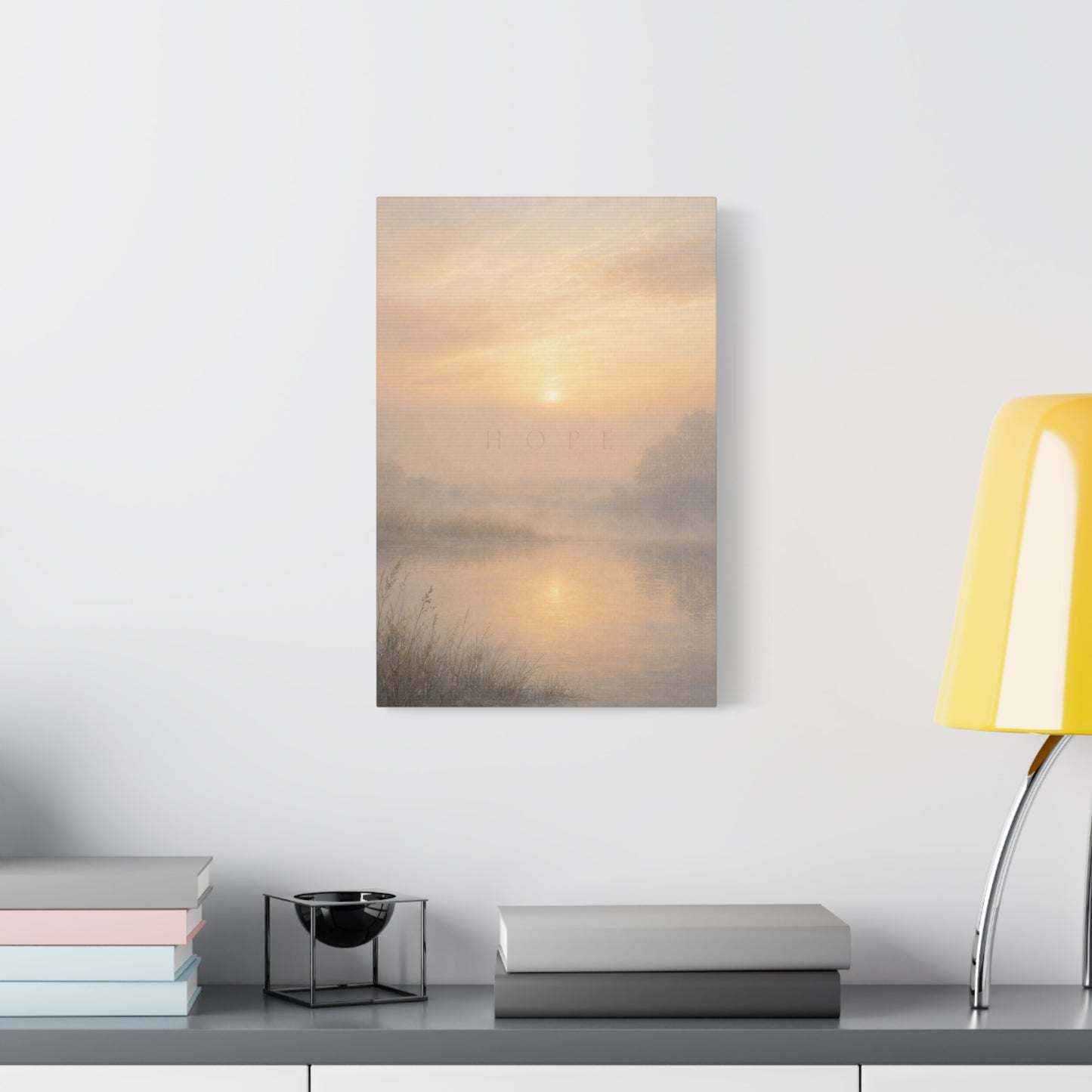 "Hope" Misty Sunrise Lake Canvas Wall Art - Serene Landscape Print, Inspirational Bedroom Wall Decor, Soft Neutral Home Decoration, Contemporary Meditation Space Accent - Bedroom Home Decoration