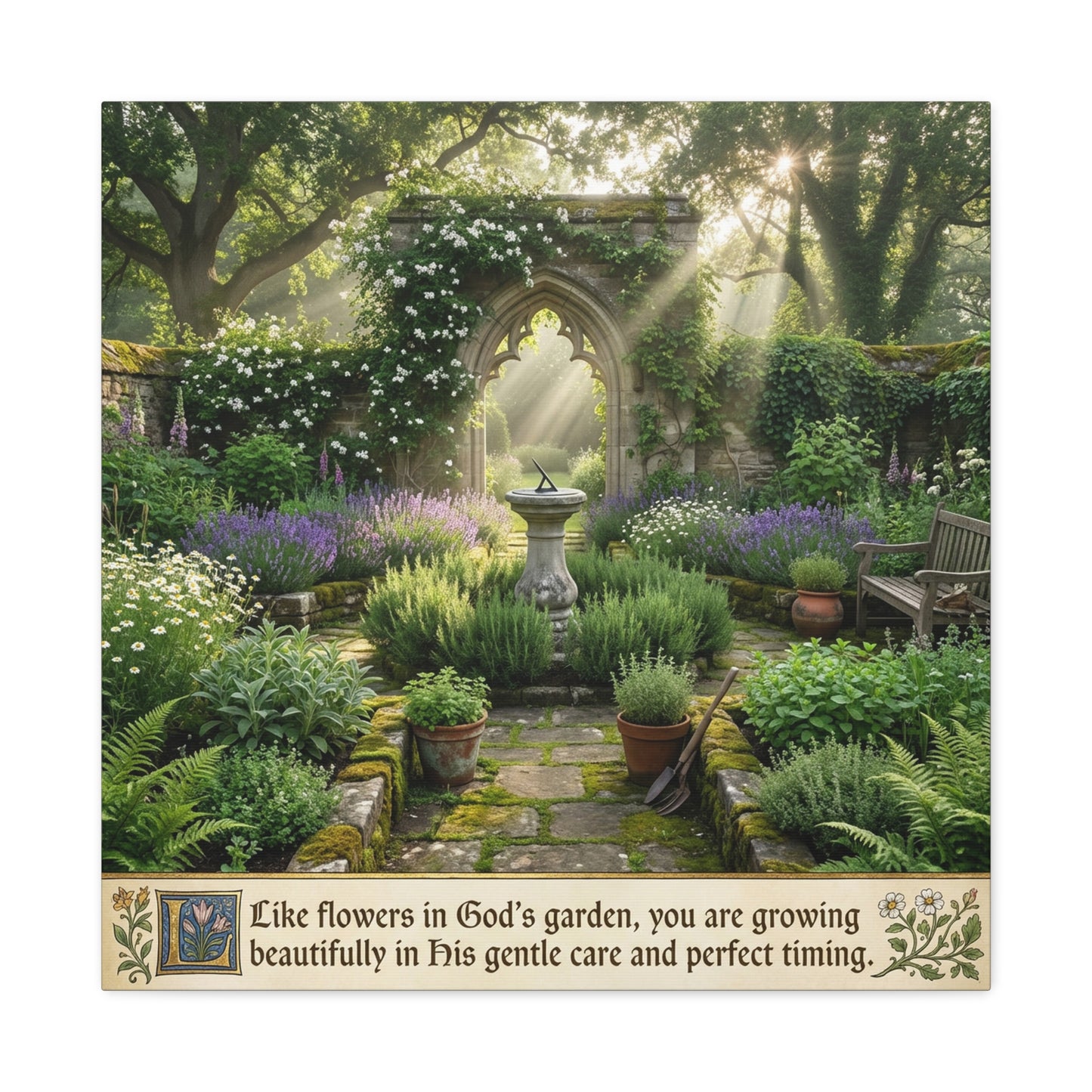 "Like Flowers In God's Garden, You Are Growing Beautifully In His Gentle Care And Divine Timing" Canvas Wall Art - Sunlit Garden Arch, Botanical Landscape Print - Living Room Decor - Office Wall Art