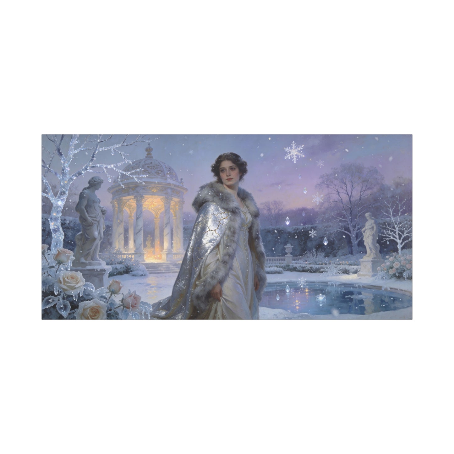 Winter Garden Woman Canvas Wall Art - Snowy Pavilion, Frosted Roses, Classical Statues - Ethereal Traditional Painting - Bedroom Wall Decor, Living Room Home Accent - Bedroom Home Decoration