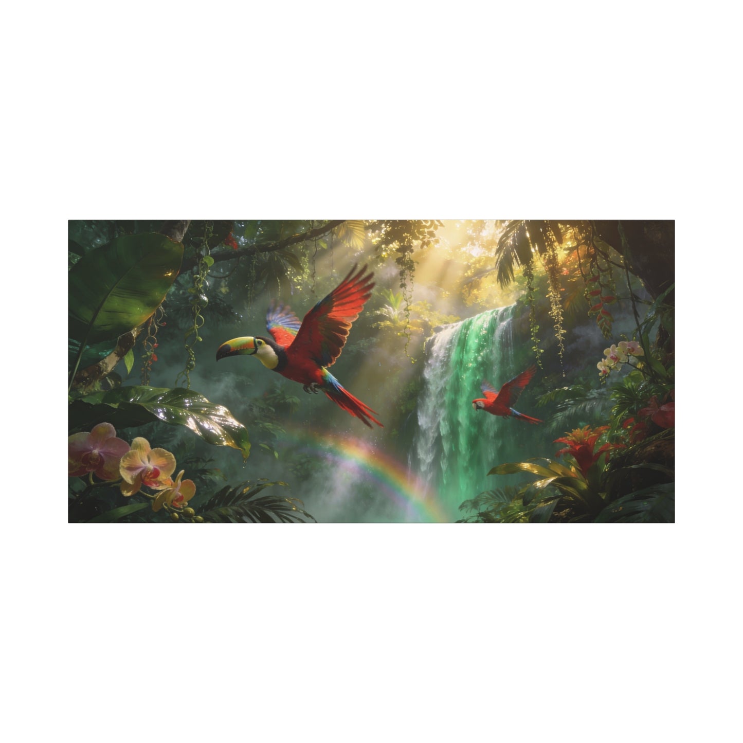 Scarlet Macaw Canvas Wall Art - Tropical Rainforest Waterfall Birds, Lush Jungle Scene, Matte Finish Canvas Print, Contemporary Nature Wall Decor For Living Room Bedroom Office - Cozy Reading Nook Art