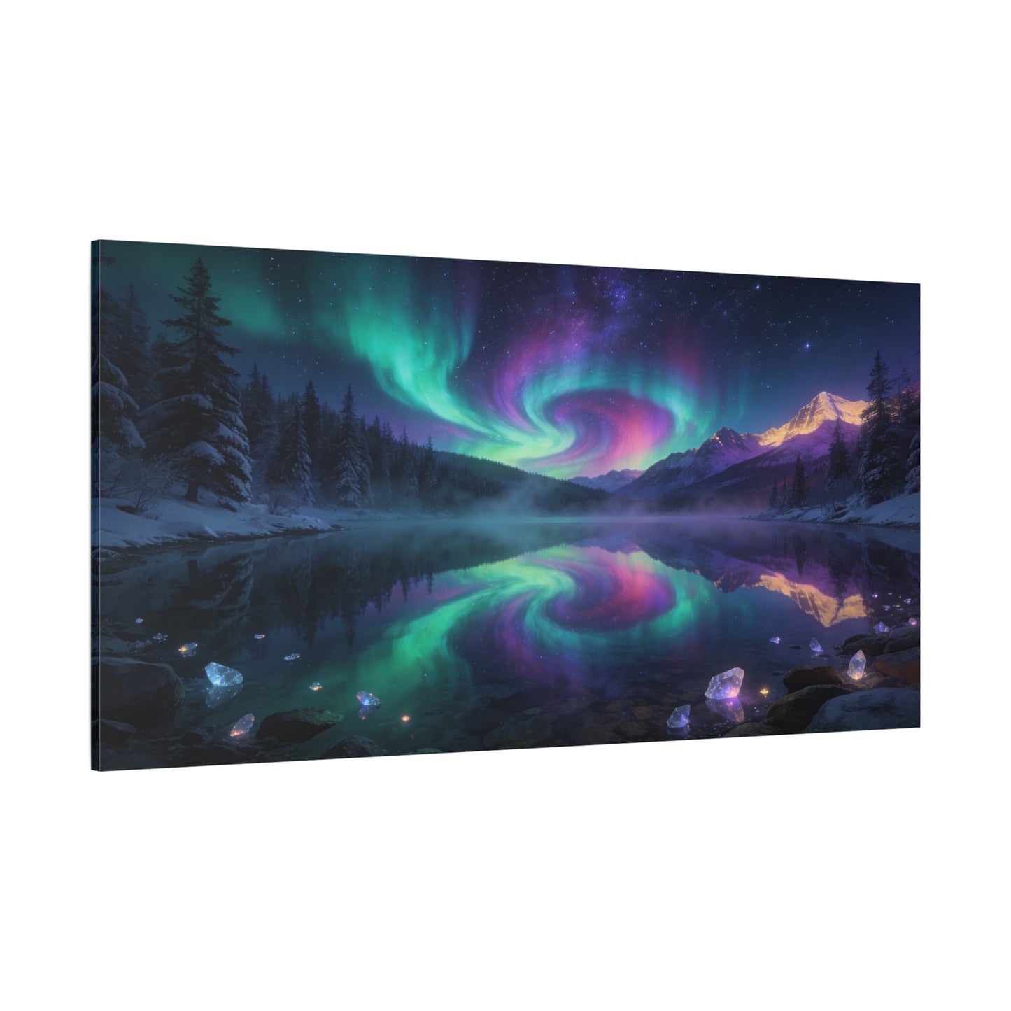 Aurora Borealis Mountain Lake Canvas Wall Art - Northern Lights Night Sky, Snowy Pine Forest Reflection - Dreamy Matte Canvas Print - Bedroom Wall Decor, Living Room Accent - Bedroom Home Decoration