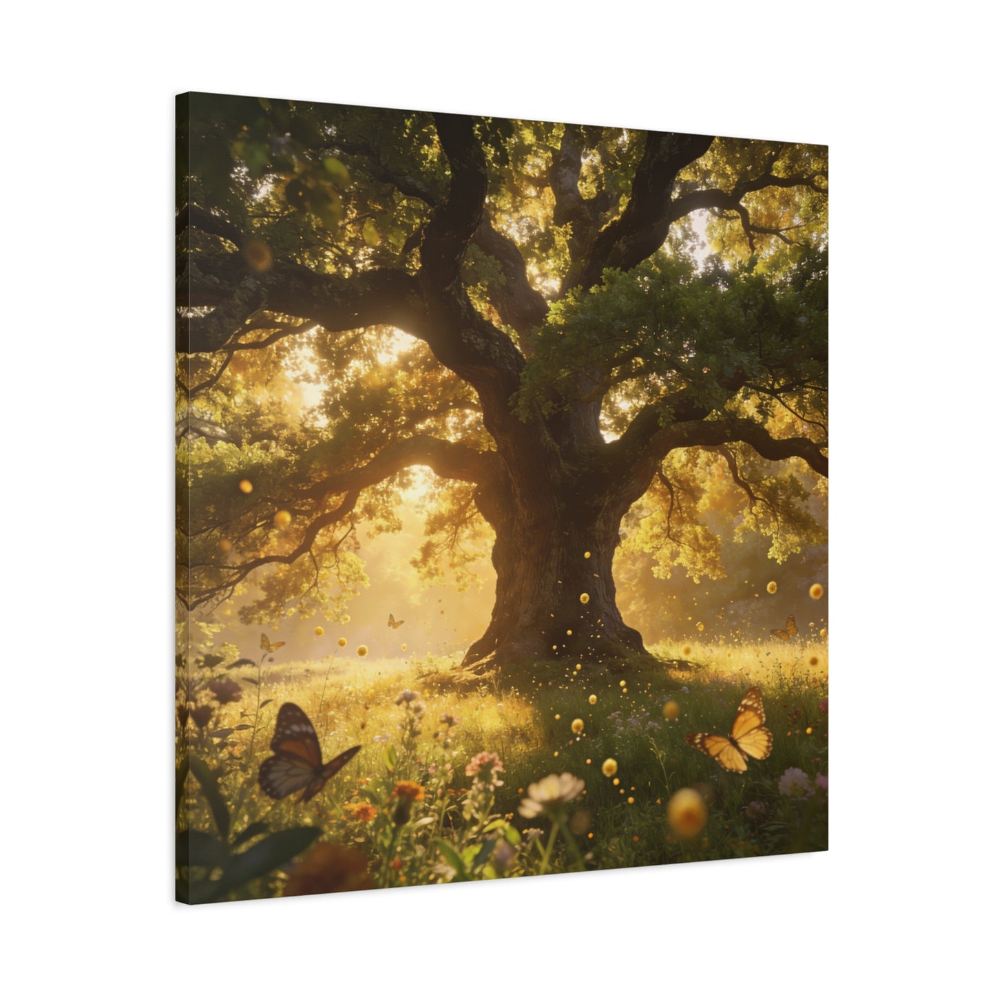 Sunlit Oak Tree Canvas Wall Art - Golden Meadow Butterflies, Nature Landscape Print - Matte Cotton Art Print, Traditional Style - Living Room Wall Decor, Bedroom Home Decoration - Ready to Hang