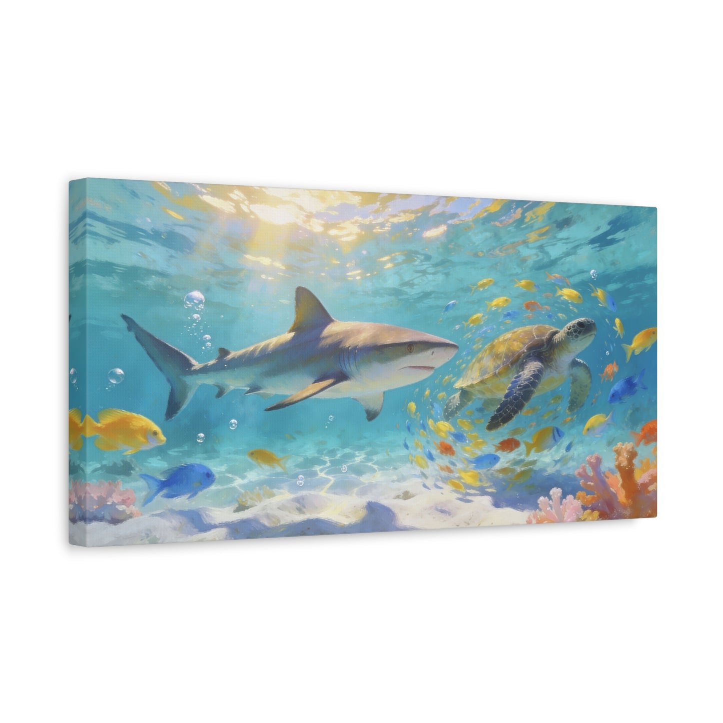 Shark Sea Turtle Canvas Wall Art - Tropical Underwater Ocean Scene, Colorful Fish Coral Reef - Matte Coastal Style - Living Room Wall Decor, Bedroom Home Decoration - Bedroom Home Decoration