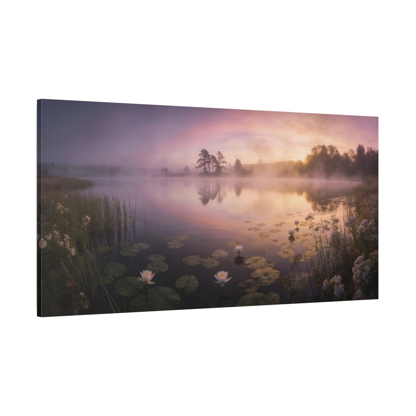Misty Lake Sunrise Canvas Wall Art - Water Lily Pond Landscape Art Print, Soft Pink And Gold Sky - Serene Nature Decor - Matte Finish Canvas Print - Living Room Wall Decor Bedroom Home Decoration
