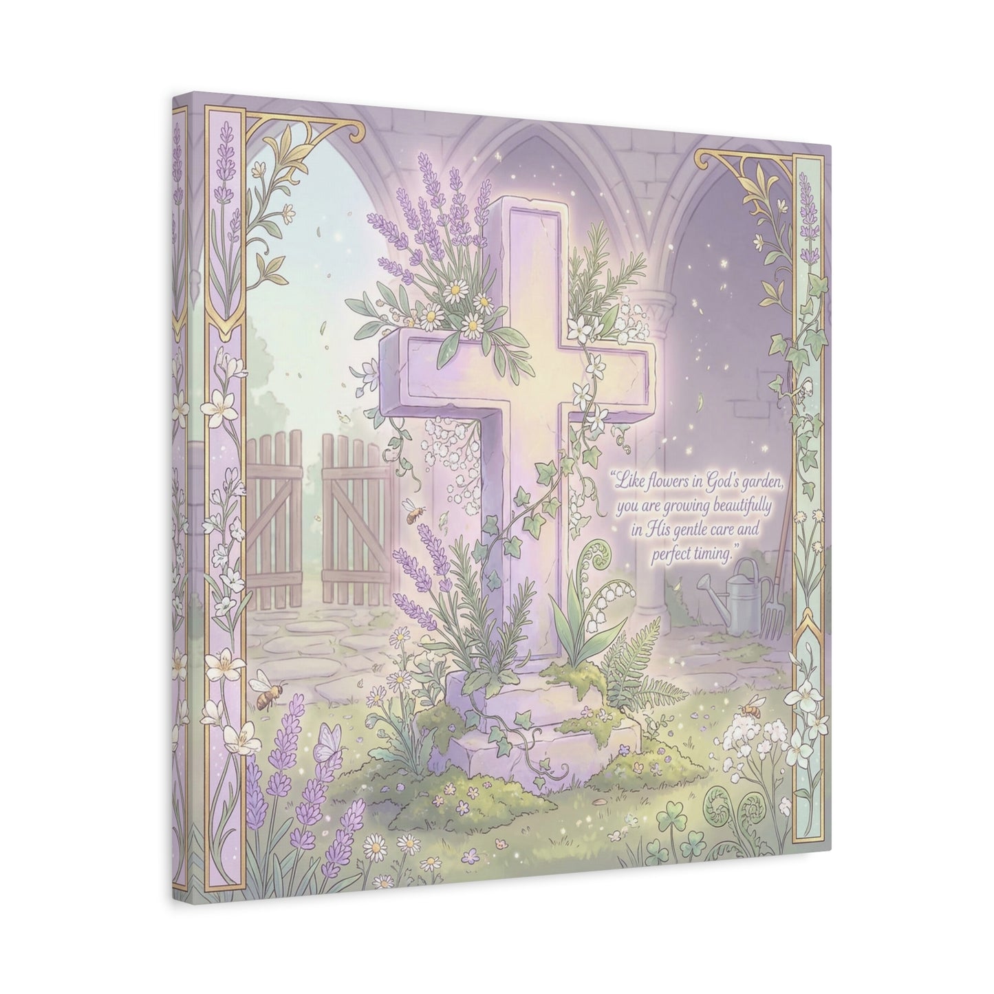 "Like Flowers In God's Garden, You Are Growing Beautifully" Christian Canvas Wall Art - Floral Cross Scripture Decor - Lavender Garden Illustration - Bedroom Home Decoration, Living Room Accent