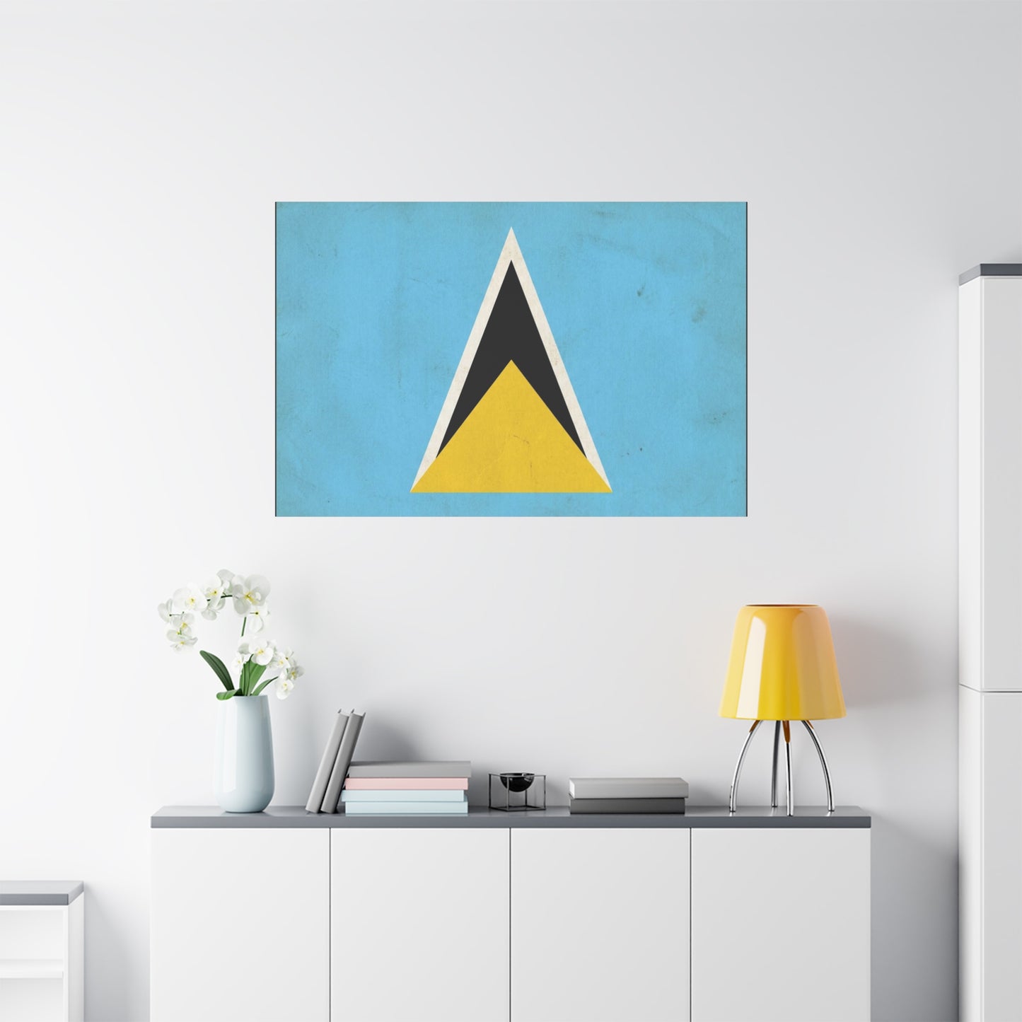 Saint Lucia Flag Canvas Wall Art - Blue Yellow Black Triangle Design, Minimalist Geometric Print - Modern Caribbean Decor - Living Room Wall Decor, Office Art Accent - Bedroom Home Decoration