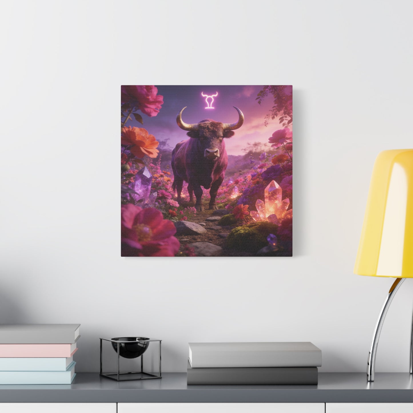 Taurus Zodiac Bull Canvas Wall Art - Neon Taurus Symbol, Floral Crystal Fantasy Print - Dreamy Purple Pink Celestial Decor - Bedroom Home Decoration, Bohemian Living Room Accent - Office Wall Art