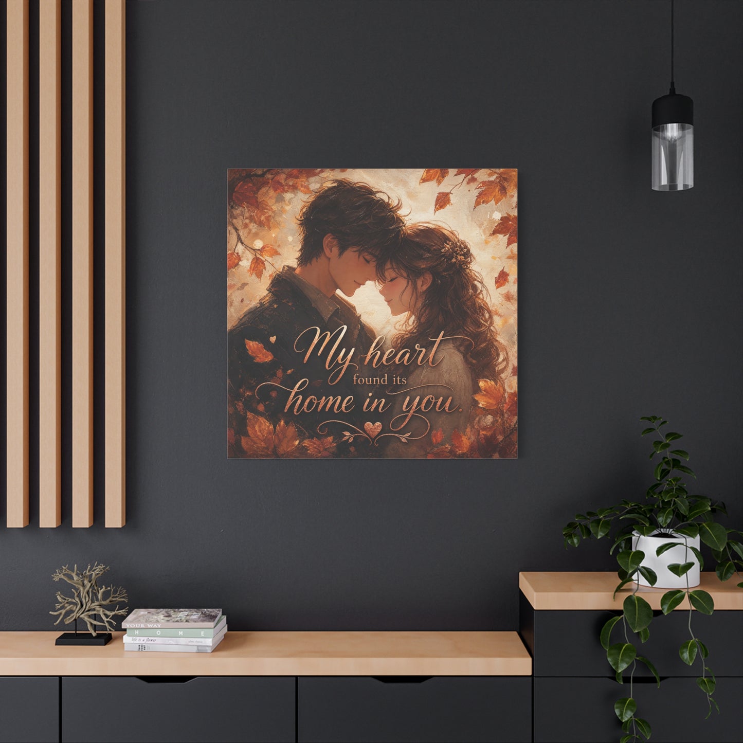 "My Heart Found Its Home In You" Romantic Couple Canvas Wall Art - Autumn Leaves Love Quote Print, Warm Rustic Traditional Style - Bedroom Wall Decor - Ready to Hang - Bedroom Home Decoration