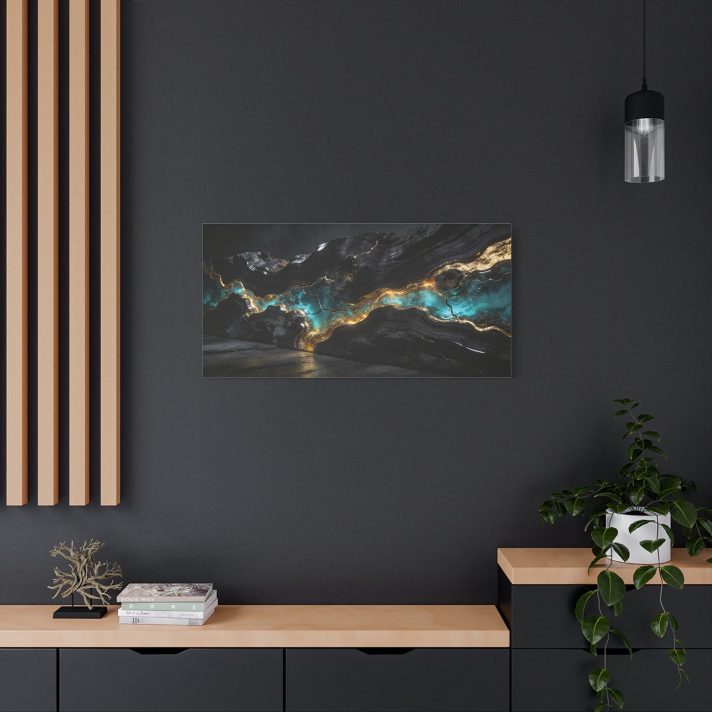 Abstract Black Gold Teal Canvas Wall Art - Modern Geode Marble Flow Design - Matte Cotton Art Print - Contemporary Living Room Wall Decor, Office Wall Art, Bedroom Decoration - Bedroom Home Decoration