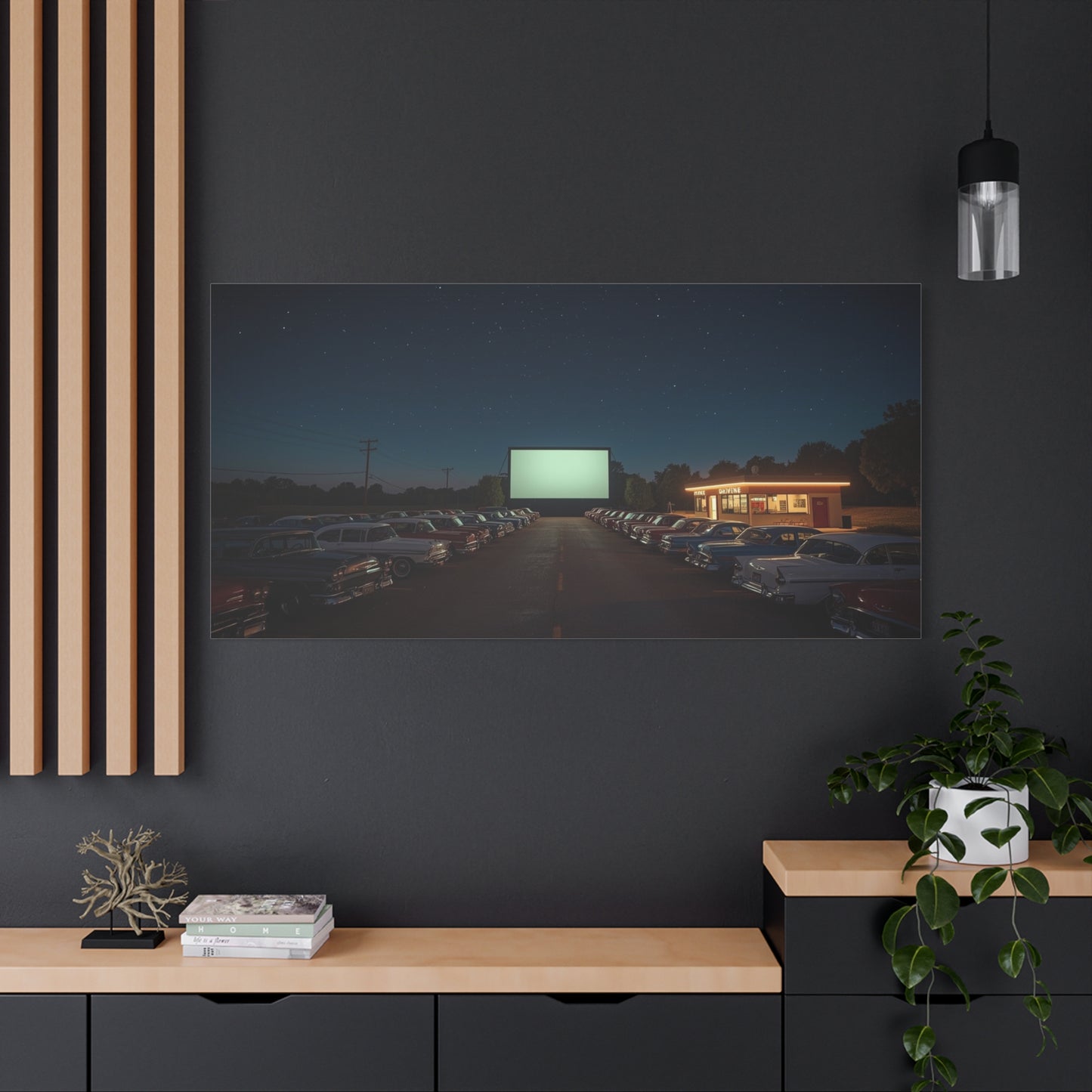 Vintage Drive-In Theater Canvas Wall Art - Starry Night Cinema Parking Lot, Retro Americana Art Print - Moody Contemporary Style - Living Room Wall Decor, Office Art - Bedroom Home Decoration