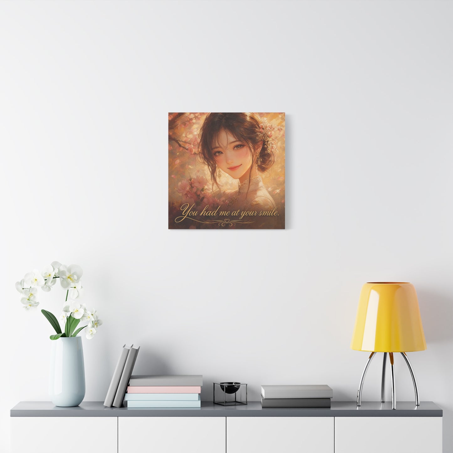 You Had Me At Your Smile Portrait Canvas Wall Art - Romantic Floral Woman Quote Print - Golden Blush Illustration - Traditional Style Living Room Decor - Ready to Hang - Living Room Wall Decor