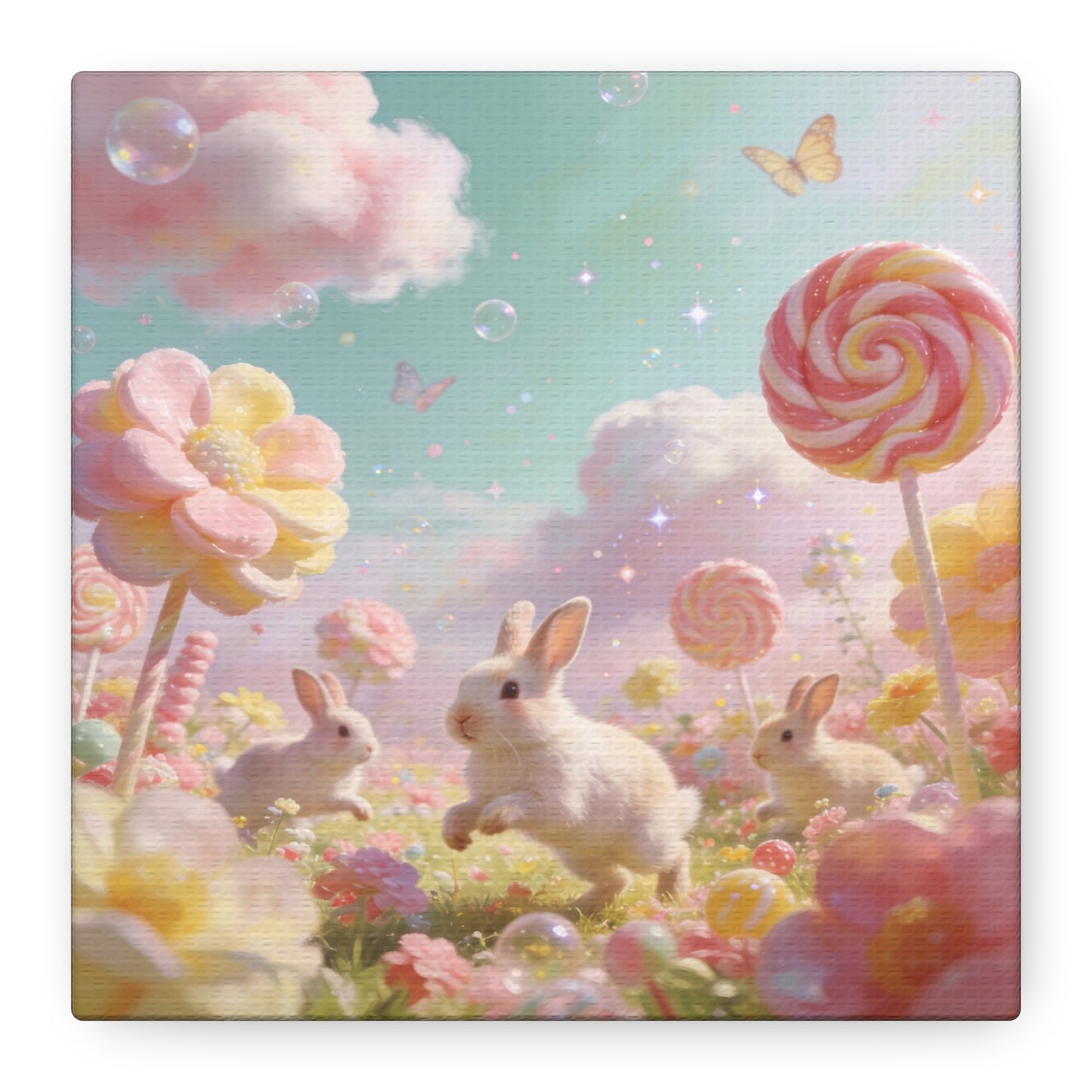 Bunny Candyland Canvas Wall Art - Pastel Rabbit Meadow, Lollipop Flowers, Dreamy Nursery Wall Decor - Whimsical Illustration - Bedroom Home Decoration, Kids Room Accent - Bedroom Home Decoration
