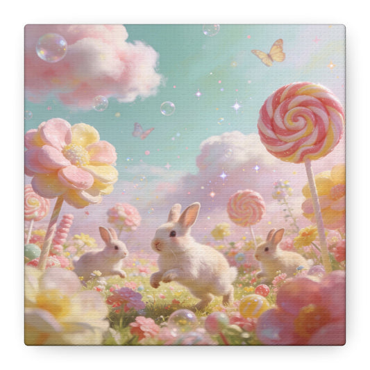 Bunny Candyland Canvas Wall Art - Pastel Rabbit Meadow, Lollipop Flowers, Dreamy Nursery Wall Decor - Whimsical Illustration - Bedroom Home Decoration, Kids Room Accent - Bedroom Home Decoration