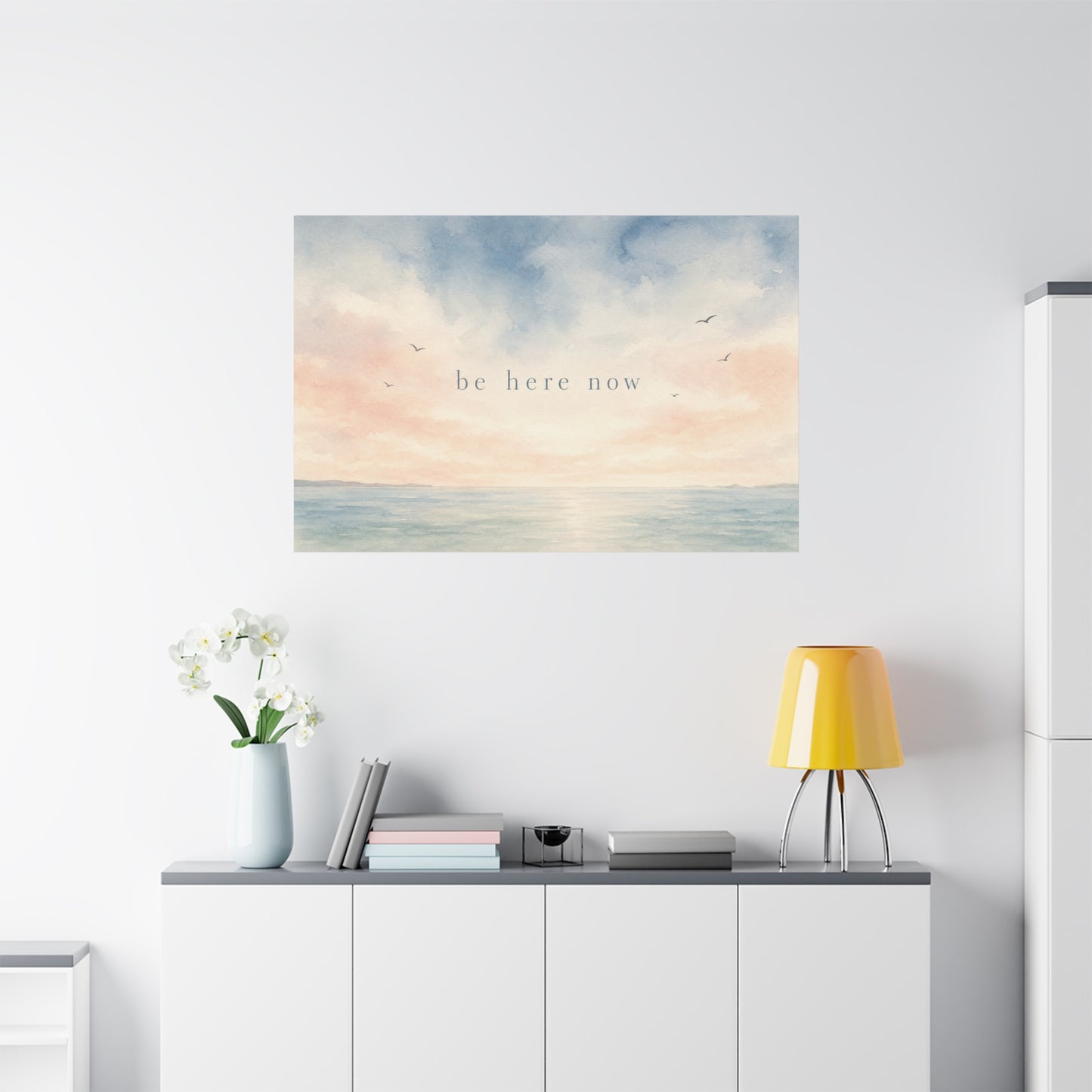 "Be Here Now" Coastal Canvas Wall Art - Pastel Ocean Seascape With Birds - Minimalist Inspirational Wall Decor - Serene Bedroom Home Decoration - Meditation Space Office Art - Bedroom Home Decoration