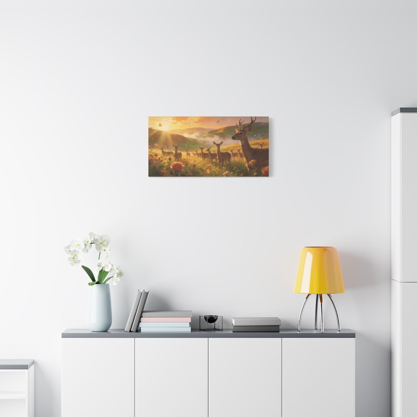 Deer Meadow Canvas Wall Art - Golden Sunrise Wildlife Landscape, Butterflies, Floral Field - Matte Finish Canvas Print - Rustic Nature Style, Living Room Wall Decor - Bedroom Home Decoration