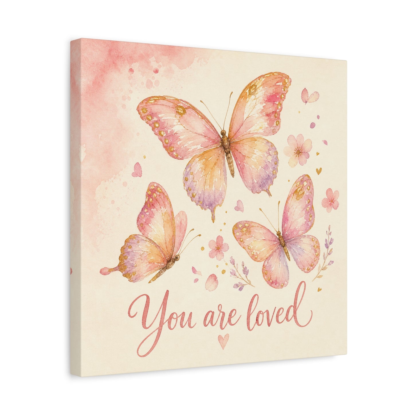 "You Are Loved" Butterfly Canvas Wall Art - Pink Watercolor Butterflies, Inspirational Nursery Decor - Soft Pastel Floral Home Decoration - Bedroom Wall Hanging, Baby Girl Room Accent - Ready to Hang