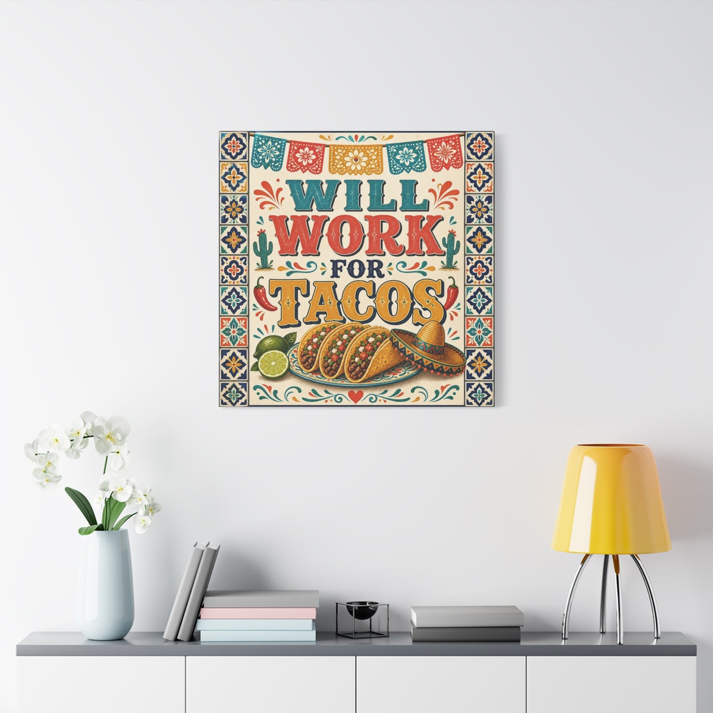 "Will Work For Tacos" Canvas Wall Art - Talavera Tile Typography, Papel Picado, Cactus And Taco Illustration - Fiesta Style Cotton Print - Kitchen Decor, Dining Room Accent, Cafe Interior