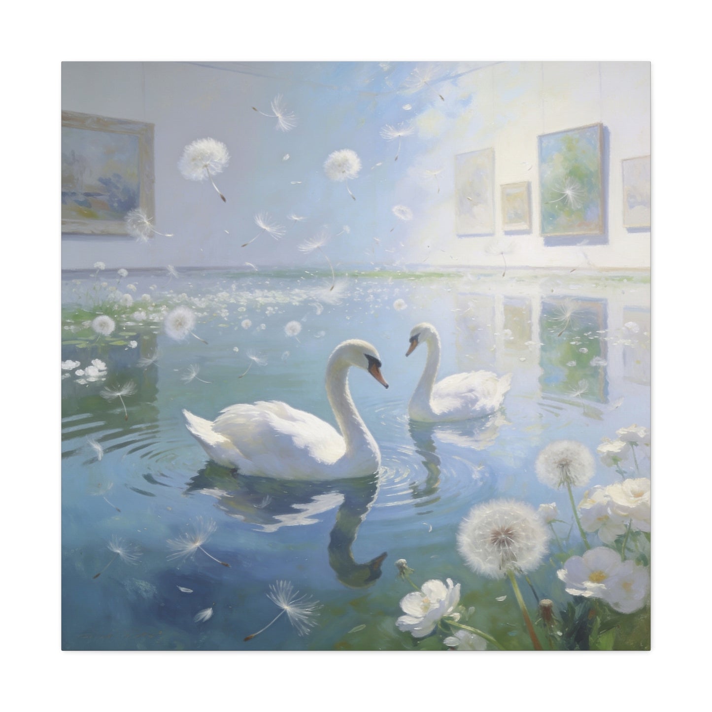White Swan Canvas Wall Art - Serene Pond With Dandelion Seeds, Soft Blue Water Reflection - Dreamy Traditional Style - Living Room Wall Decor, Bedroom Home Decoration, Office Art - Ready to Hang
