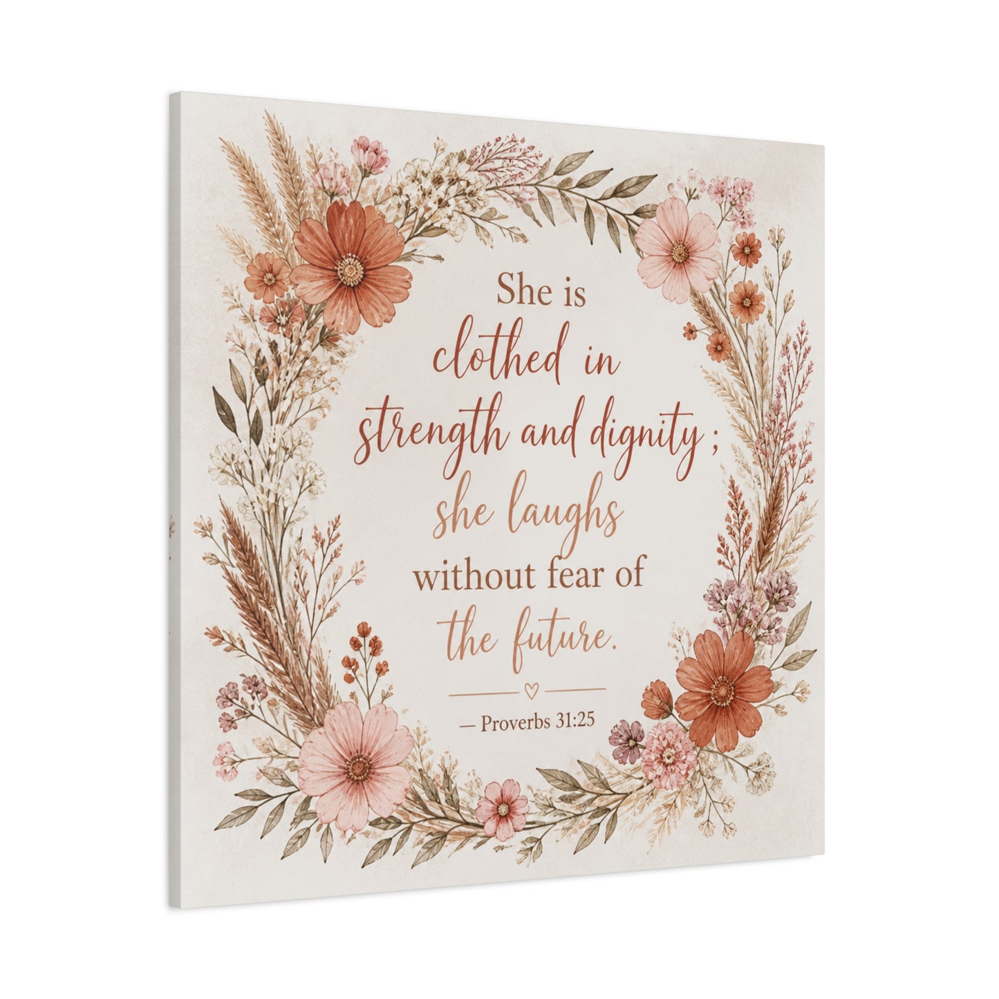 "She Is Clothed In Strength And Dignity" Floral Canvas Wall Art - Proverbs 31:25 Scripture Quote, Blush Wildflower Wreath, Farmhouse Style, Bedroom Wall Decor - Bedroom Home Decoration - Ready to Hang