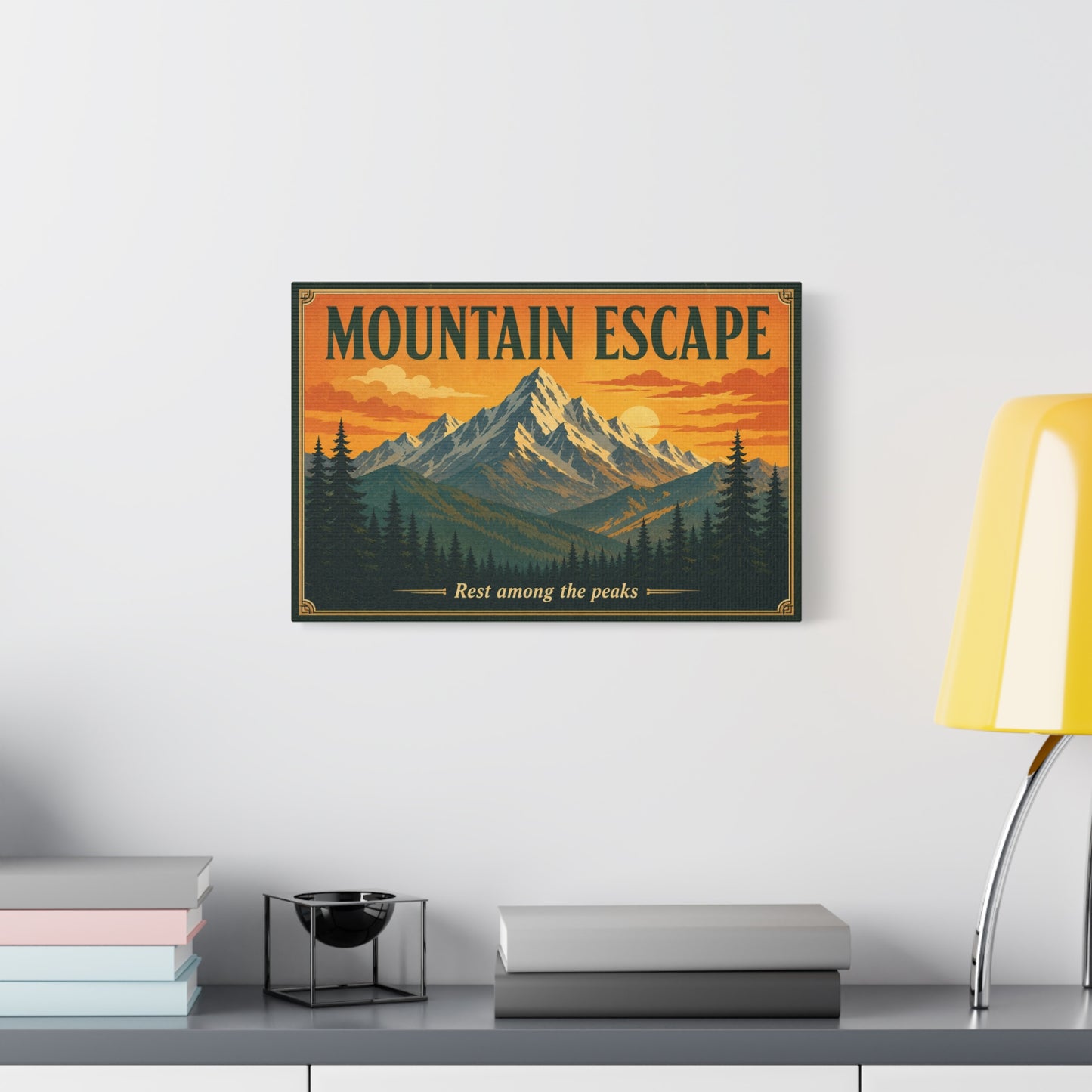 "Mountain Escape" Canvas Wall Art - Vintage Mountain Landscape Print, Sunset Pine Forest Poster Style - "Rest Among The Peaks" - Rustic Cabin Wall Decor, Living Room Home Accent - Ready to Hang