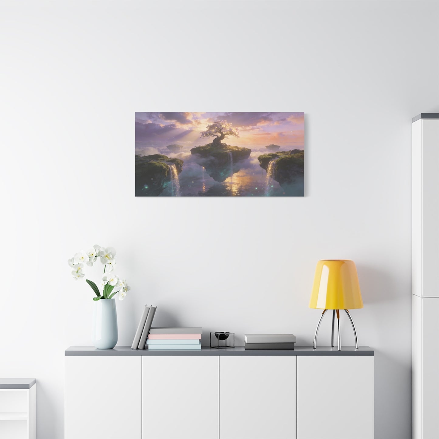 Fantasy Tree Of Life Canvas Wall Art - Floating Islands, Waterfall Dreamscape - Ethereal Cotton Print - Contemporary Zen Style - Living Room Wall Decor, Bedroom Home Decoration - Cozy Reading Nook Art