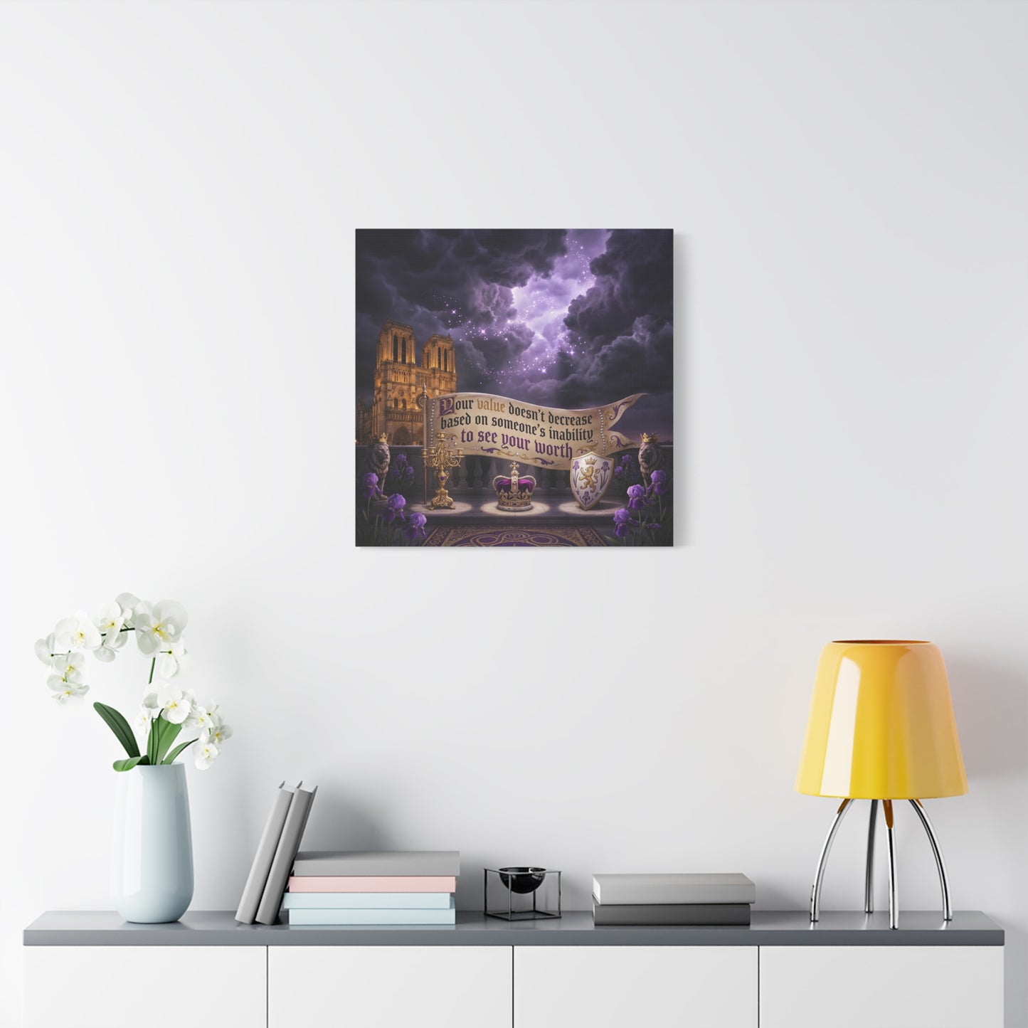 "Your Value Doesn't Decrease Based On Someone's Inability To See Your Worth" Canvas Wall Art - Gothic Cathedral, Purple Sky, Crown And Lions - Inspirational Home Decor - Living Room Bedroom