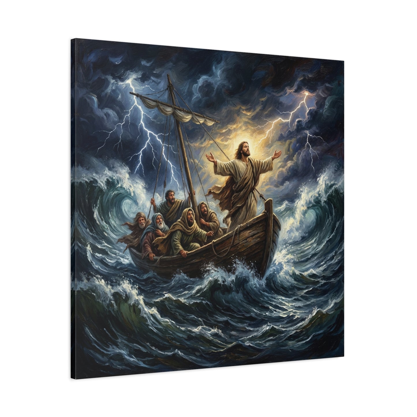 Jesus Calming The Storm Canvas Wall Art - Bible Boat Sea Scene, Dramatic Lightning Waves - Cotton Matte Print - Traditional Religious Decor For Living Room Office Bedroom - Living Room Wall Decor