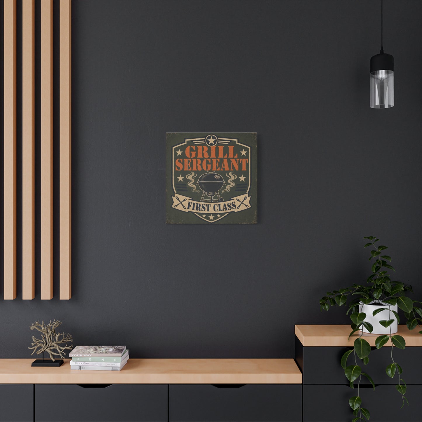 "Grill Sergeant First Class" BBQ Canvas Wall Art - Vintage Grill Badge Sign, Rustic Patriotic Kitchen Decor, Retro Barbecue Poster Style, Man Cave Wall Decor - Ready to Hang - Bedroom Home Decoration