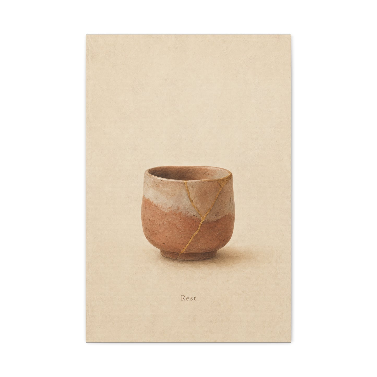 "Rest" Kintsugi Pot Canvas Wall Art - Minimalist Still Life Ceramic Vessel Print - Neutral Beige Brown Japanese Inspired Decor - Bedroom Meditation Space Living Room Home Accent - Office Wall Art