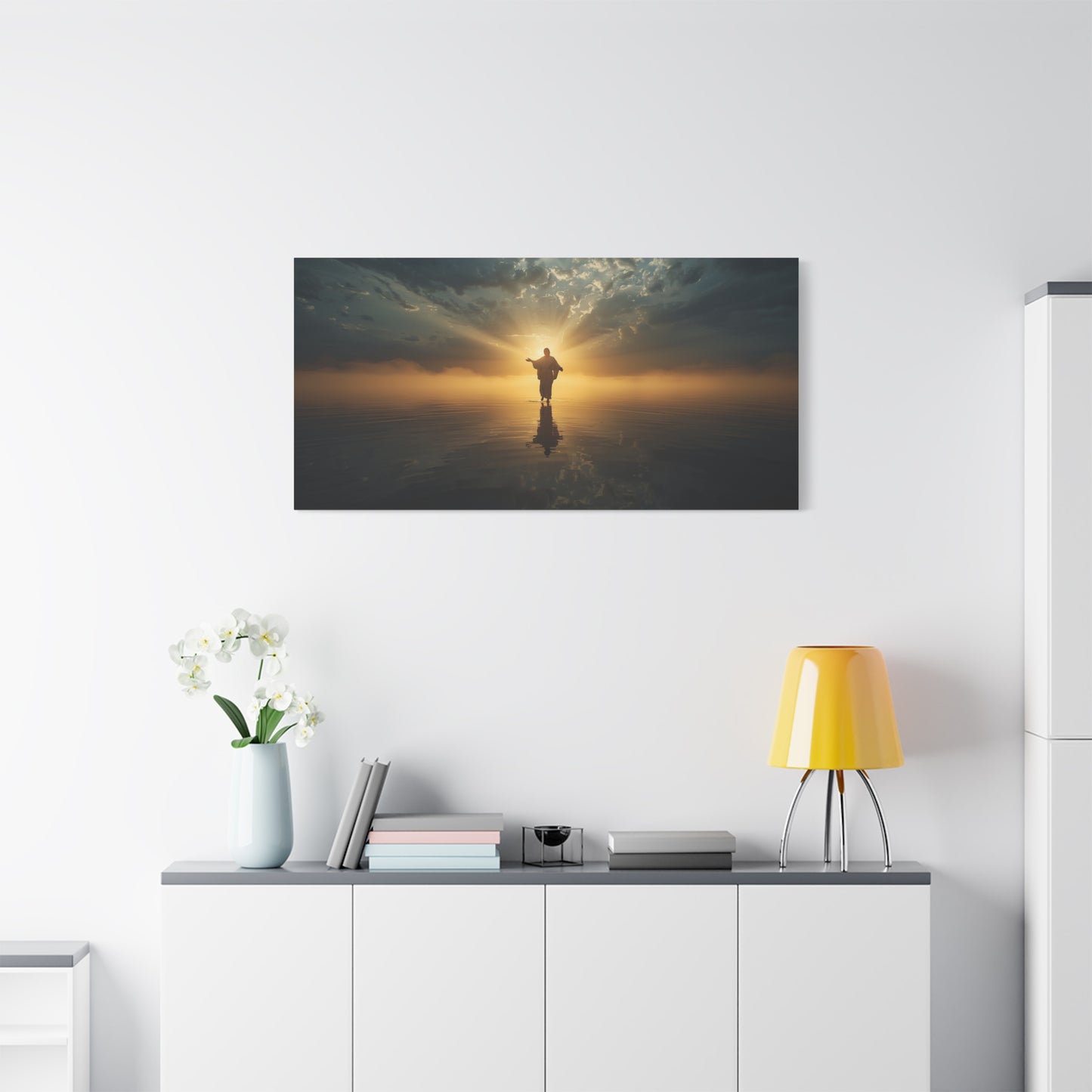 Jesus Christ Canvas Wall Art - Walking On Water At Sunrise, Dramatic Sky Reflection - Matte Cotton Print - Religious Home Decor For Living Room, Bedroom, Office Wall Accent - Bedroom Home Decoration