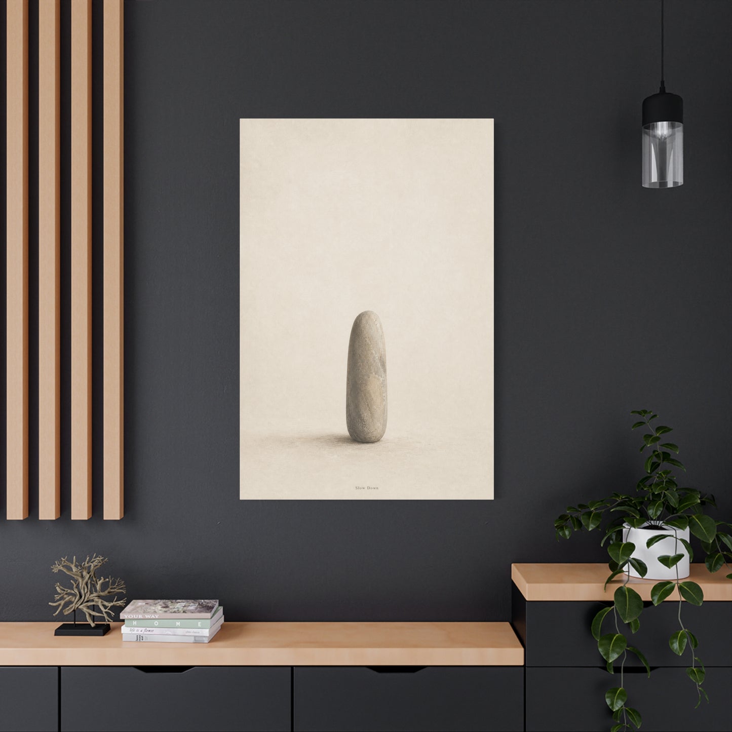 "Slow Down" Minimalist Stone Canvas Wall Art - Neutral Zen Still Life Decor - Contemporary Beige Meditation Print - Bedroom Living Room Decoration - Living Room Wall Decor - Bedroom Home Decoration